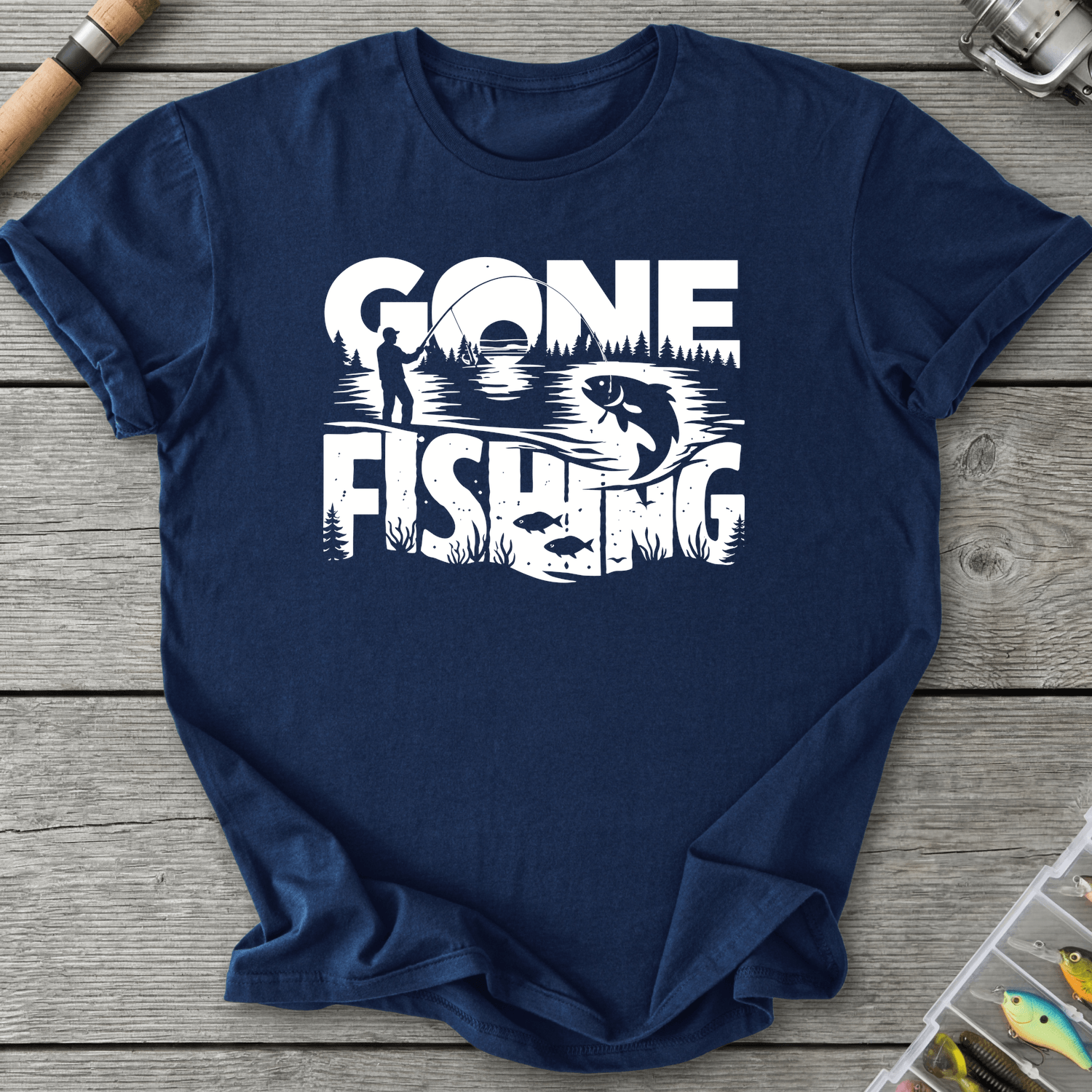 Gone Fishing Lake Scene T-Shirt in Navy | River Giants Club