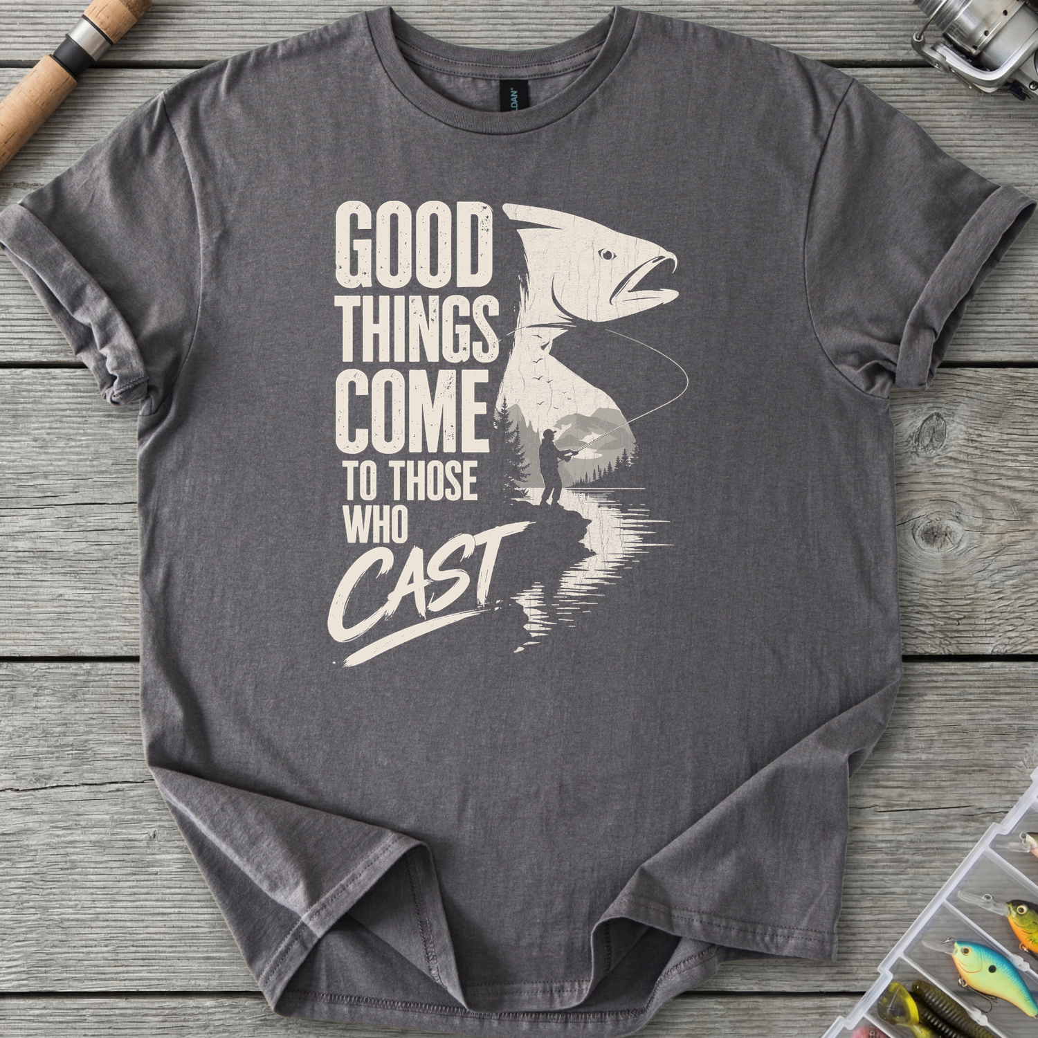Good Things Come To Those Who Cast T-Shirt in Charcoal | River Giants Club