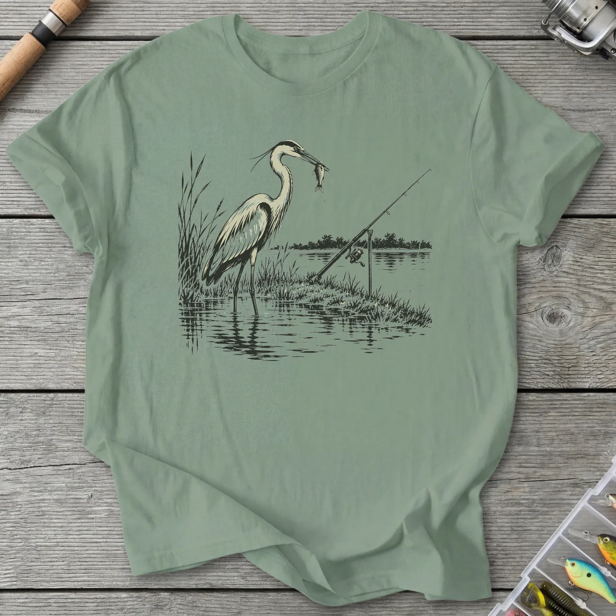 Heron Beside Fishing Rod T-Shirt in Sage | River Giants Club