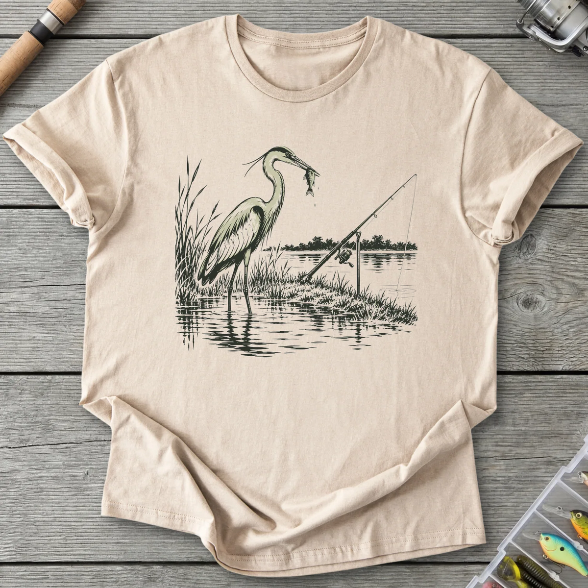 Heron Beside Fishing Rod T-Shirt in Sand | River Giants Club