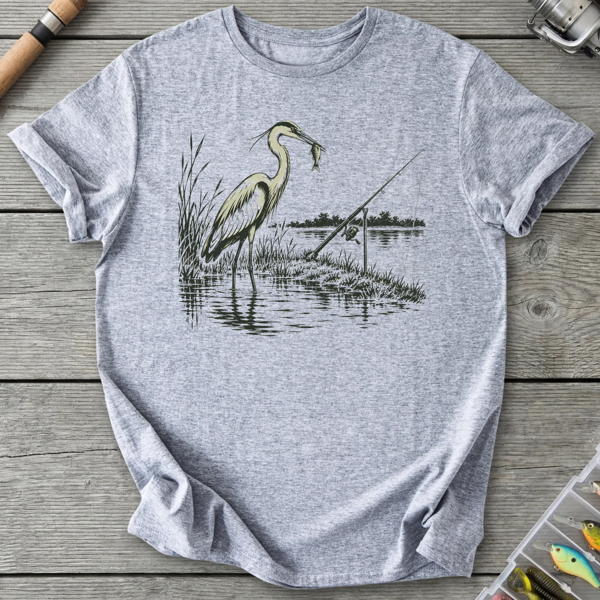 Heron Beside Fishing Rod T-Shirt in Sport Grey | River Giants Club