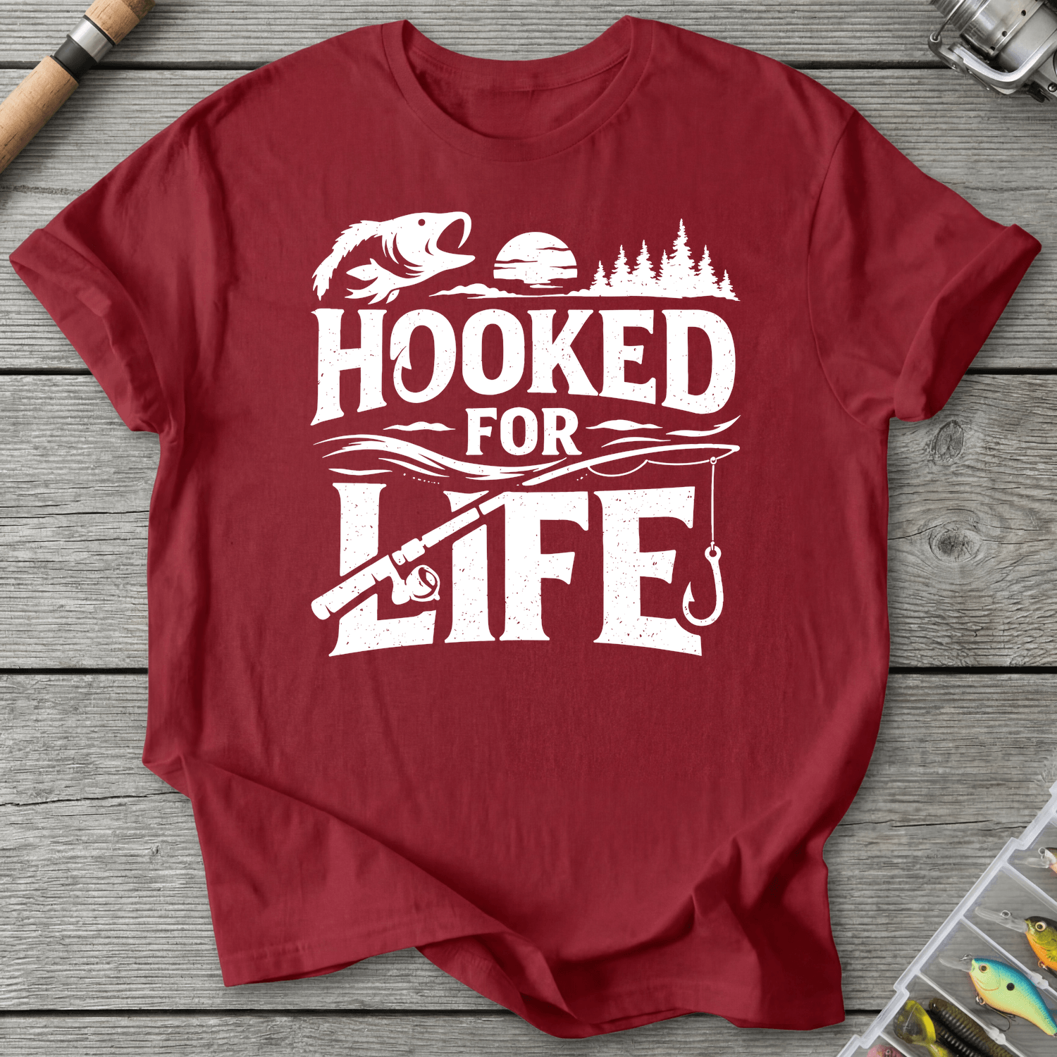 Hooked For Life Fishing T-Shirt in Antique Cherry Red | River Giants Club