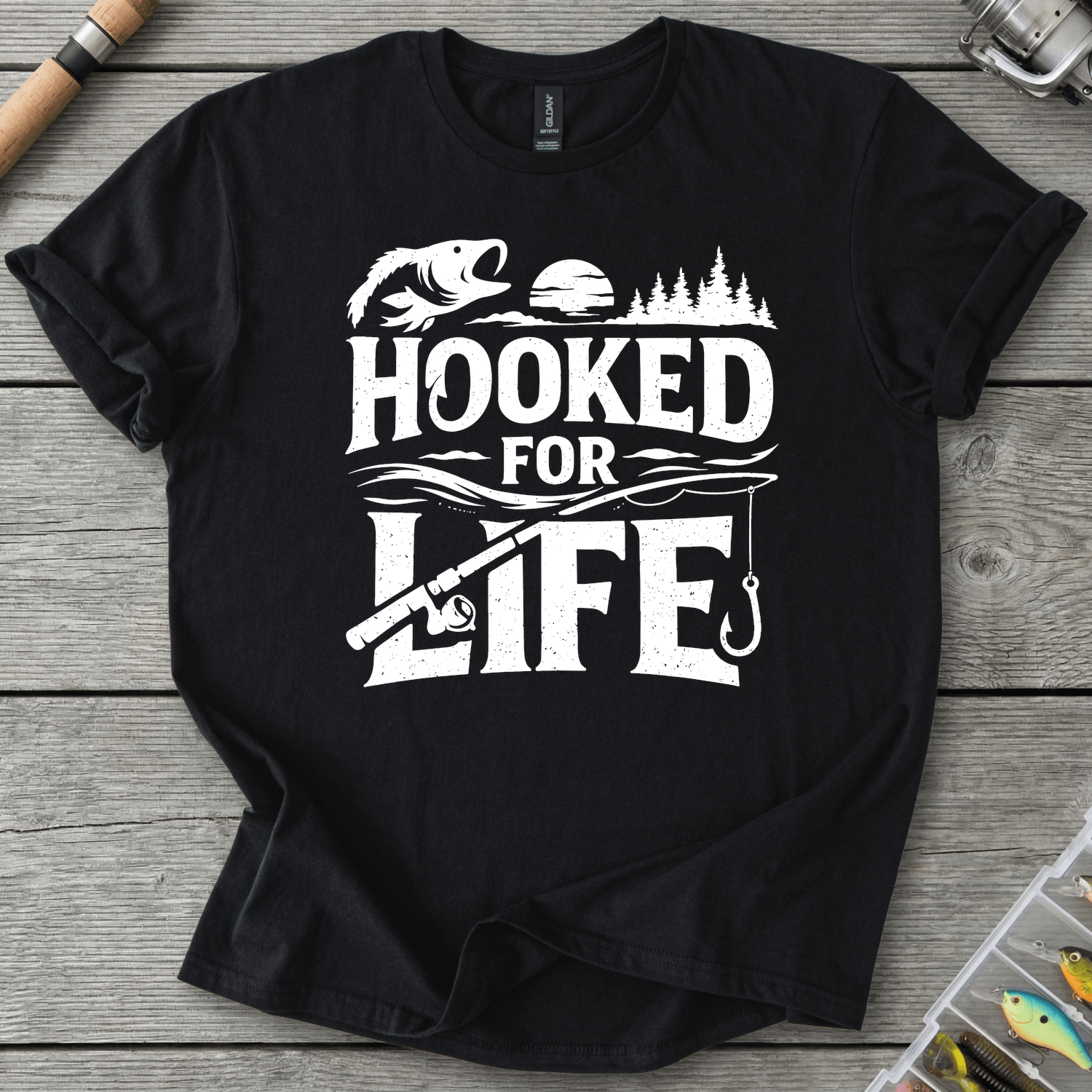 Hooked For Life Fishing T-Shirt in Black | River Giants Club