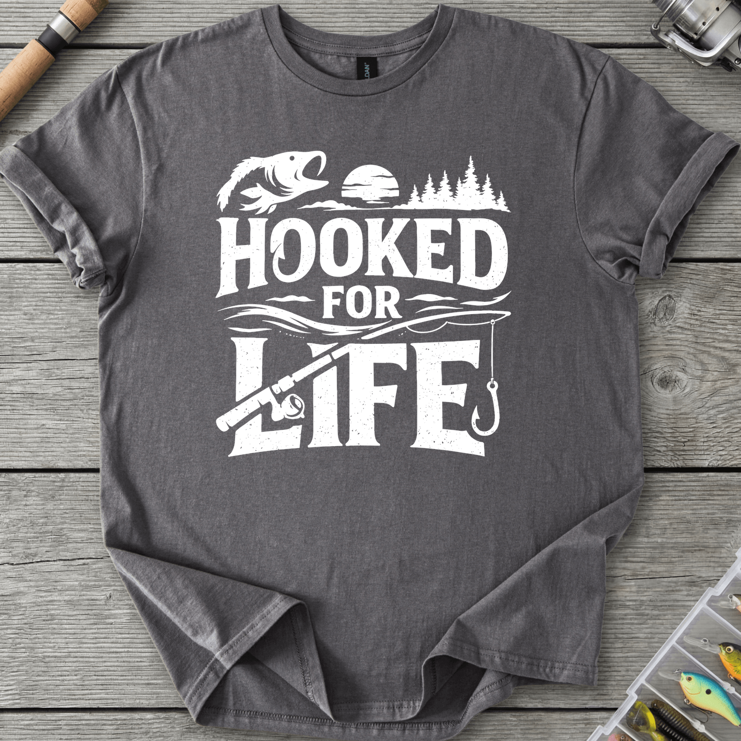 Hooked For Life Fishing T-Shirt in Charcoal | River Giants Club