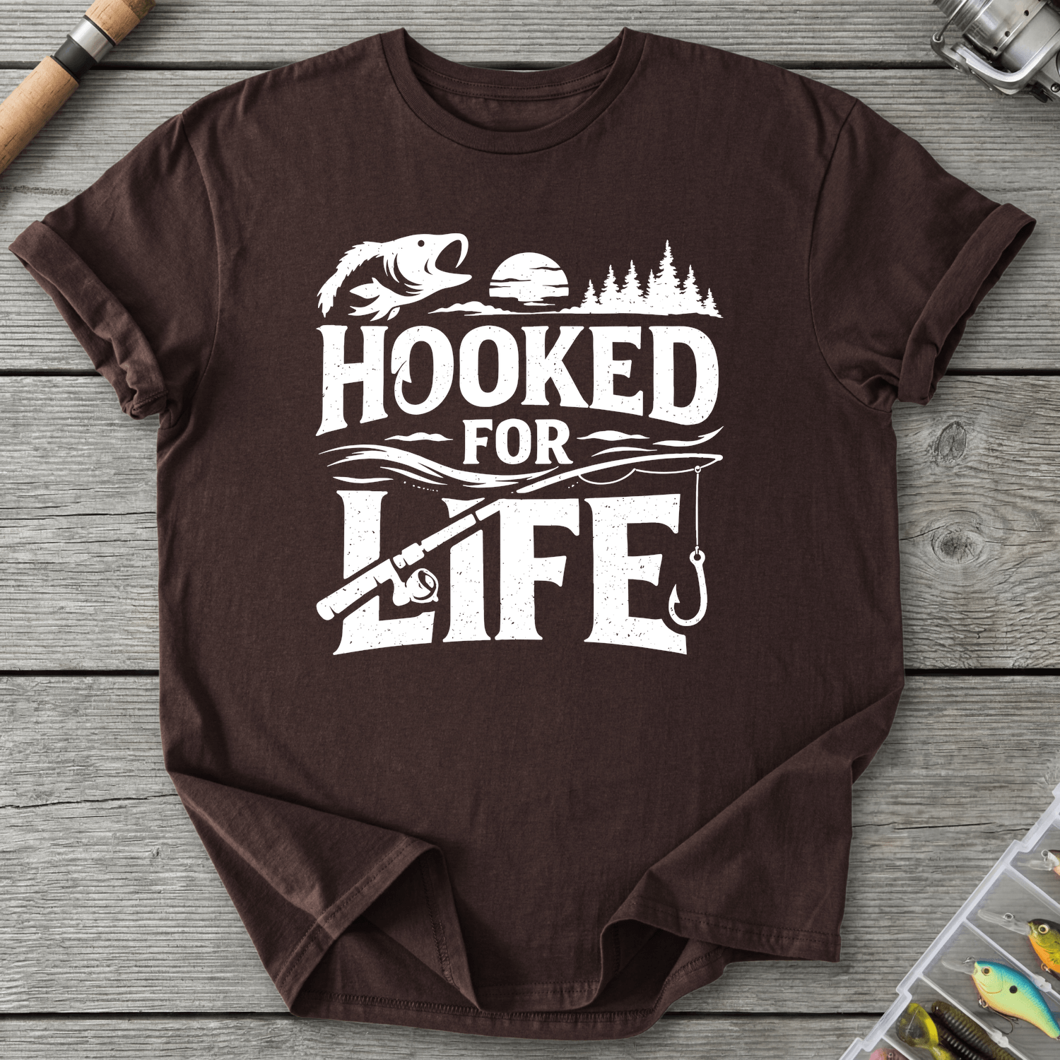 Hooked For Life Fishing T-Shirt in Dark Chocolate | River Giants Club