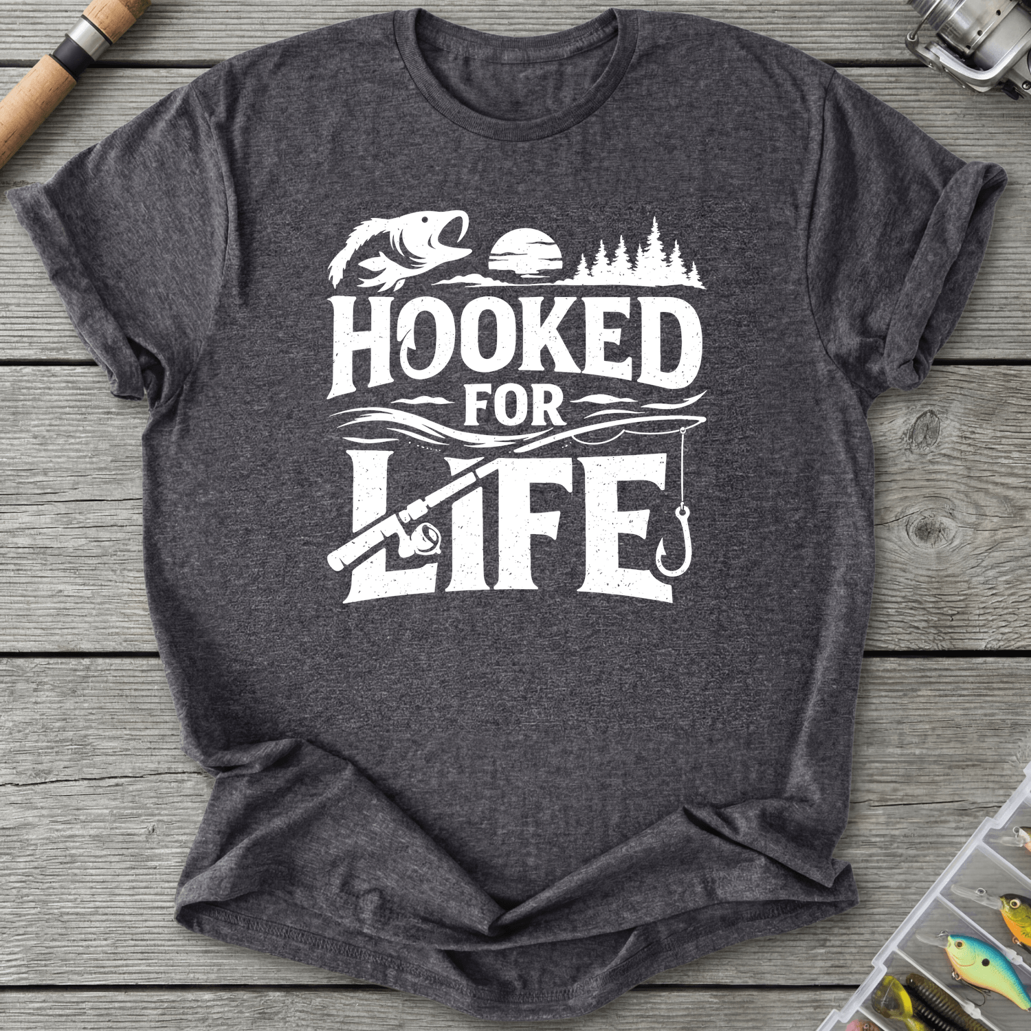 Hooked For Life Fishing T-Shirt in Dark Heather Grey | River Giants Club