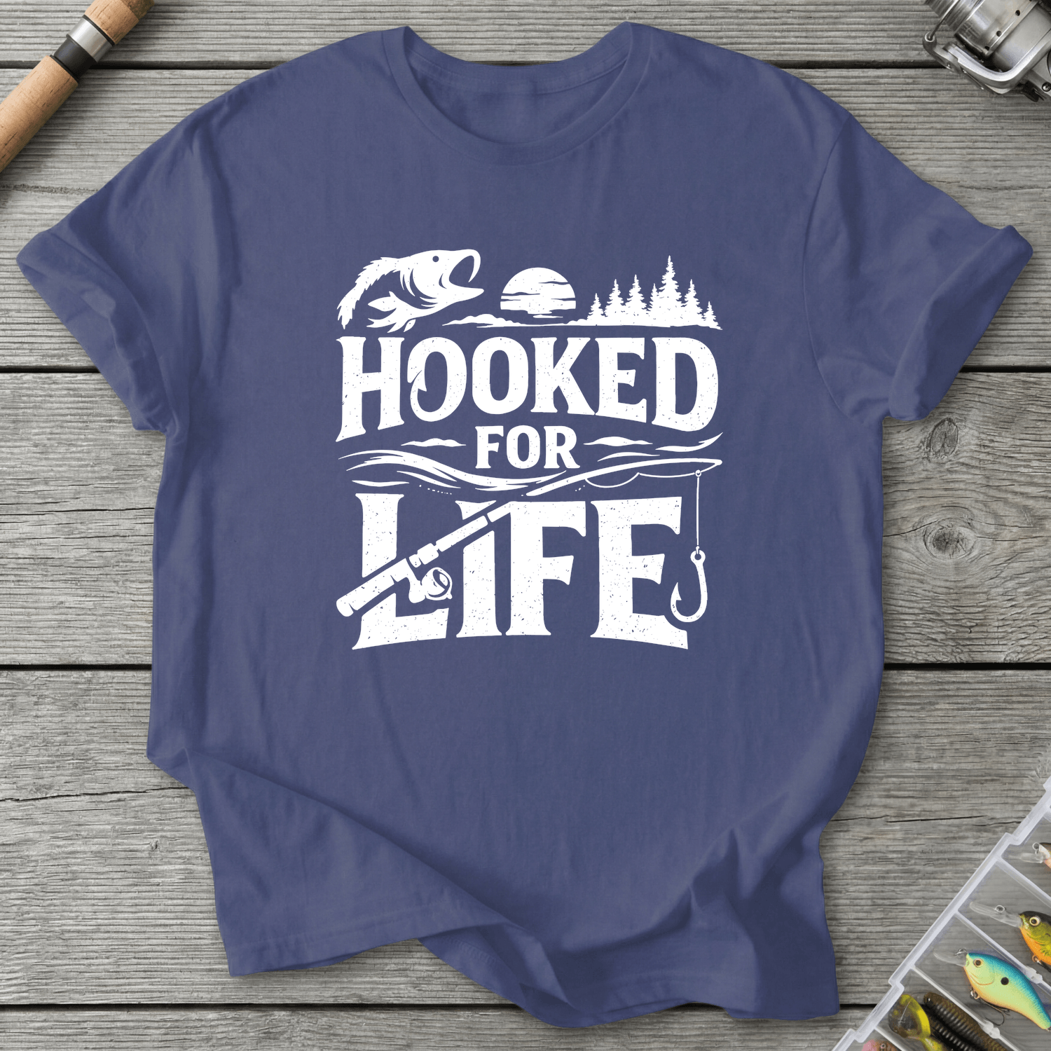Hooked For Life Fishing T-Shirt in Metro Blue | River Giants Club