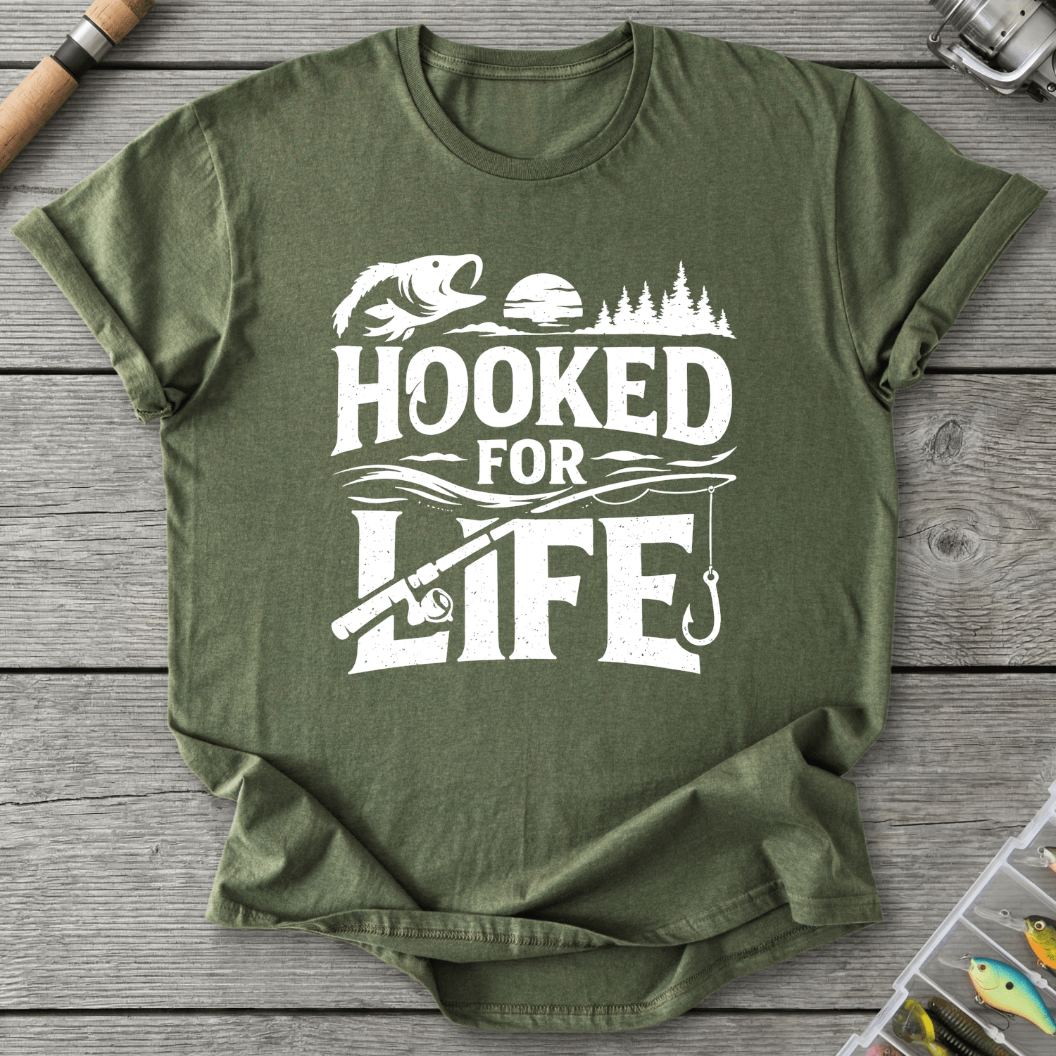 Hooked For Life Fishing T-Shirt in Military Green | River Giants Club
