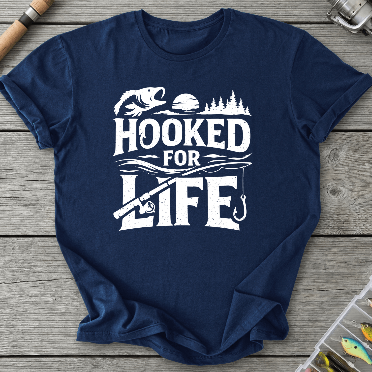 Hooked For Life Fishing T-Shirt in Navy | River Giants Club