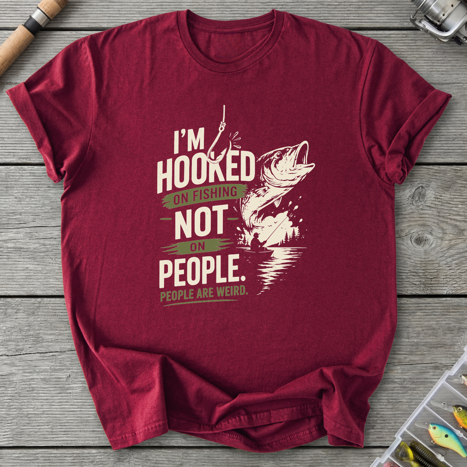 Hooked on Fishing Not People T-Shirt in Maroon | River Giants Club