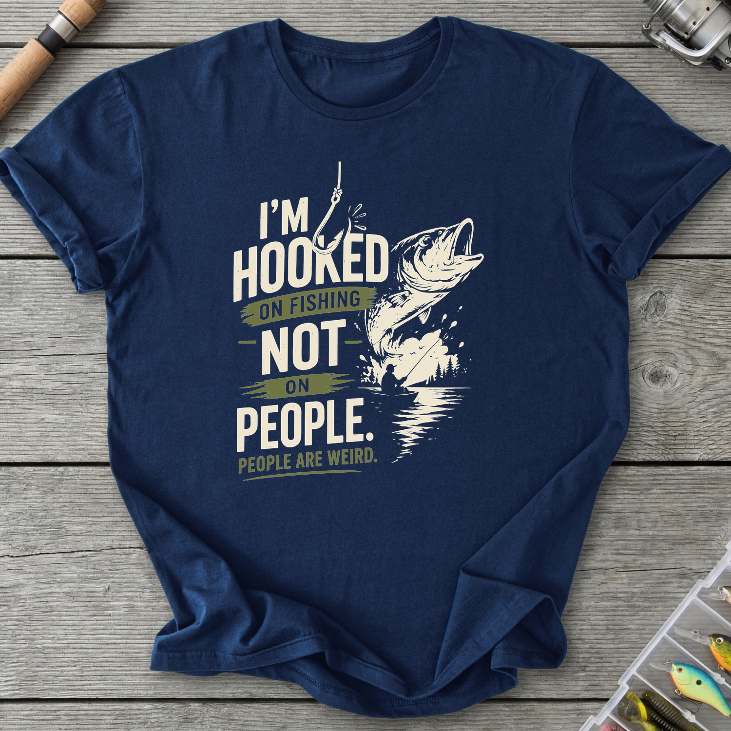 Hooked on Fishing Not People T-Shirt in Navy | River Giants Club