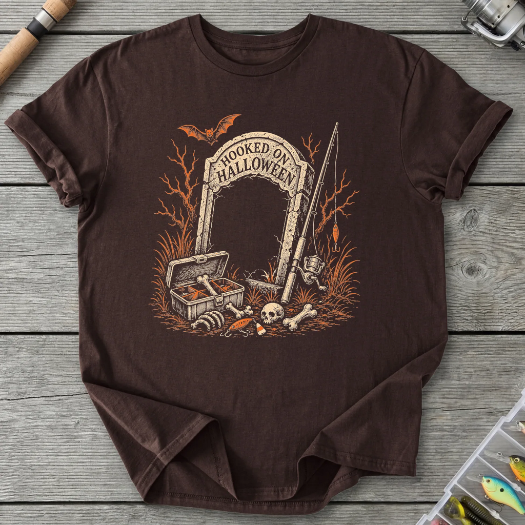Hooked on Halloween Fishing T-Shirt in Dark Chocolate | River Giants Club