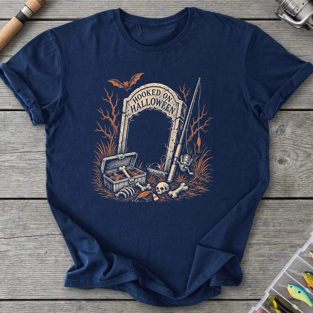 Hooked on Halloween Fishing T-Shirt in Navy | River Giants Club