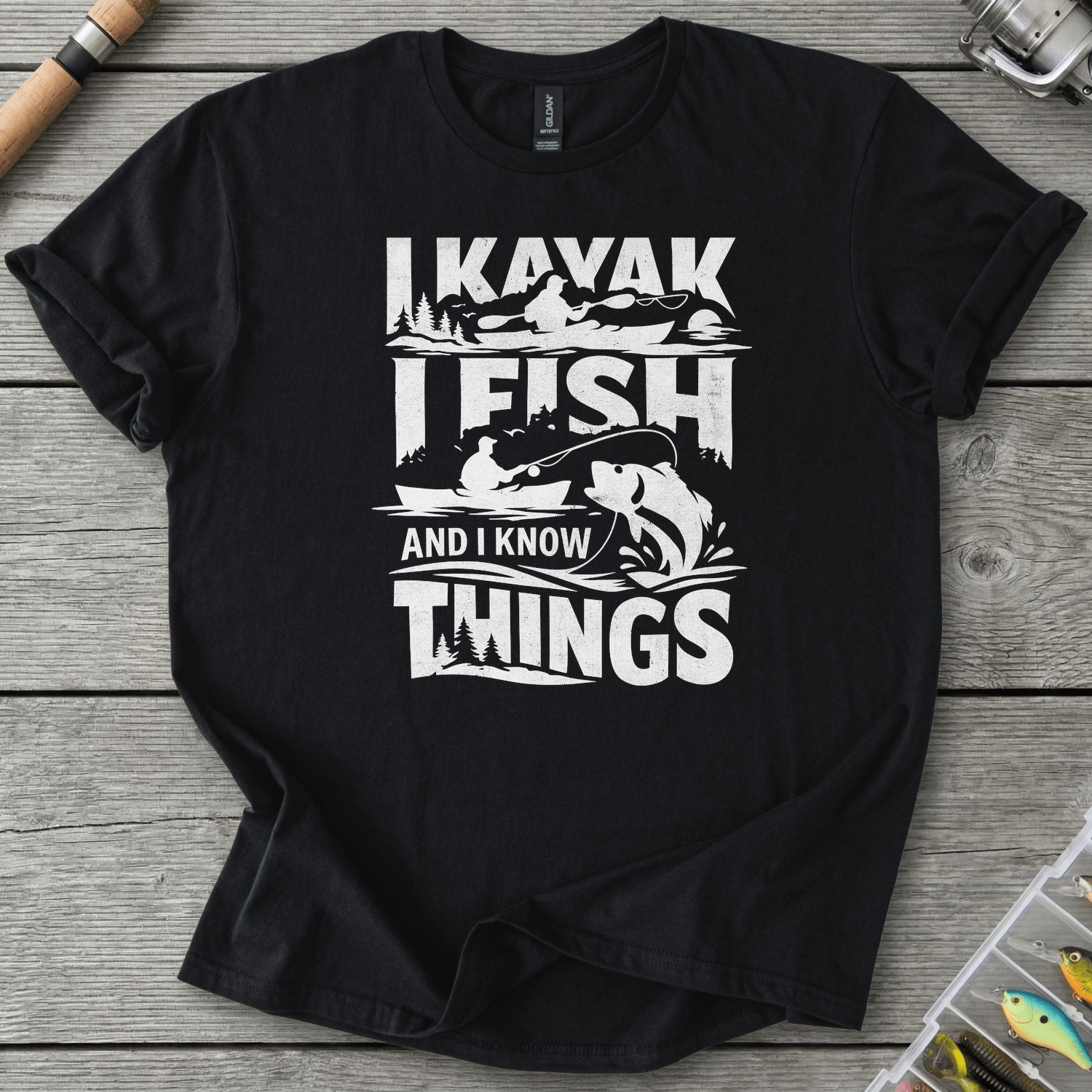 I Kayak I Fish And I Know Things T-Shirt in Black | River Giants Club