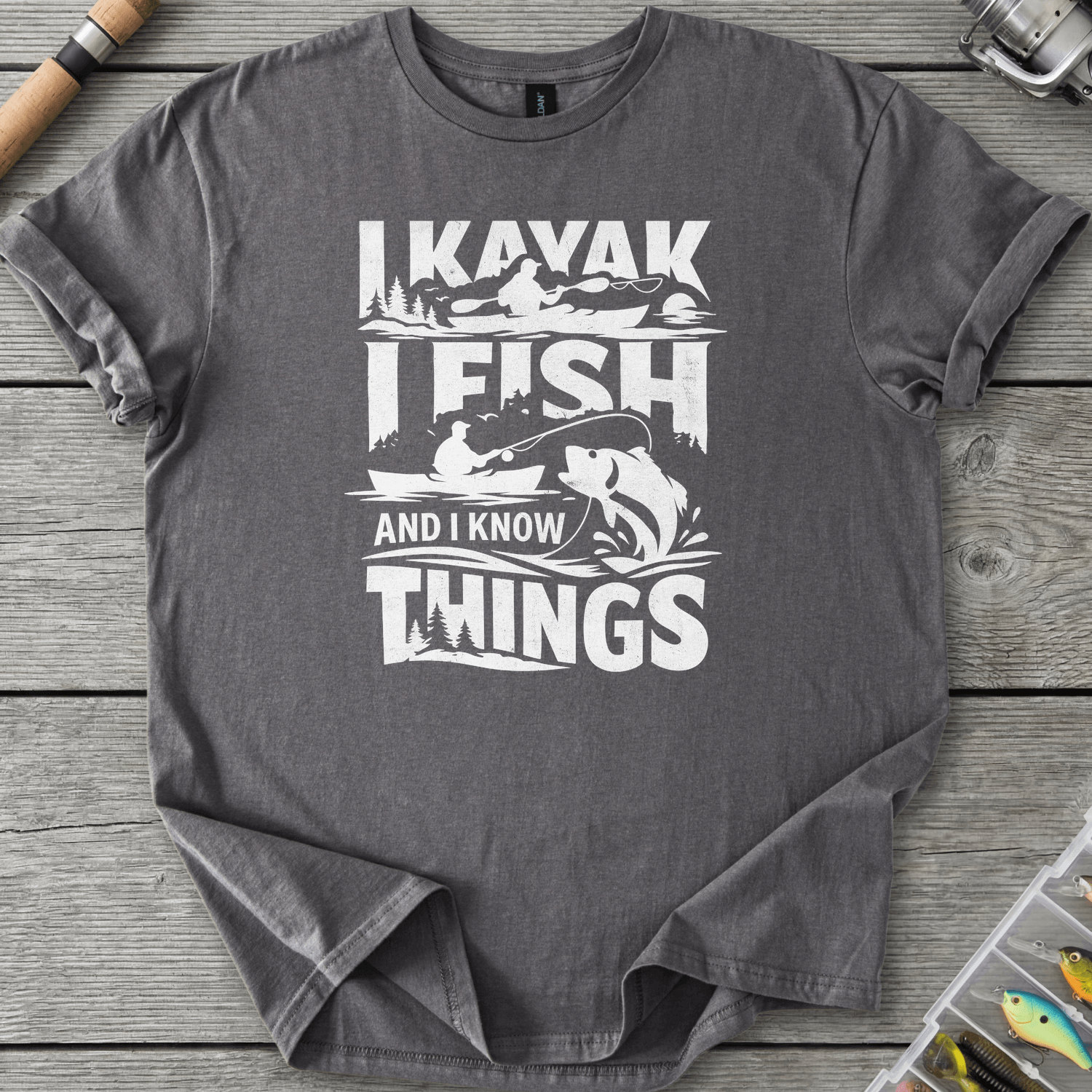 I Kayak I Fish And I Know Things T-Shirt in Charcoal | River Giants Club
