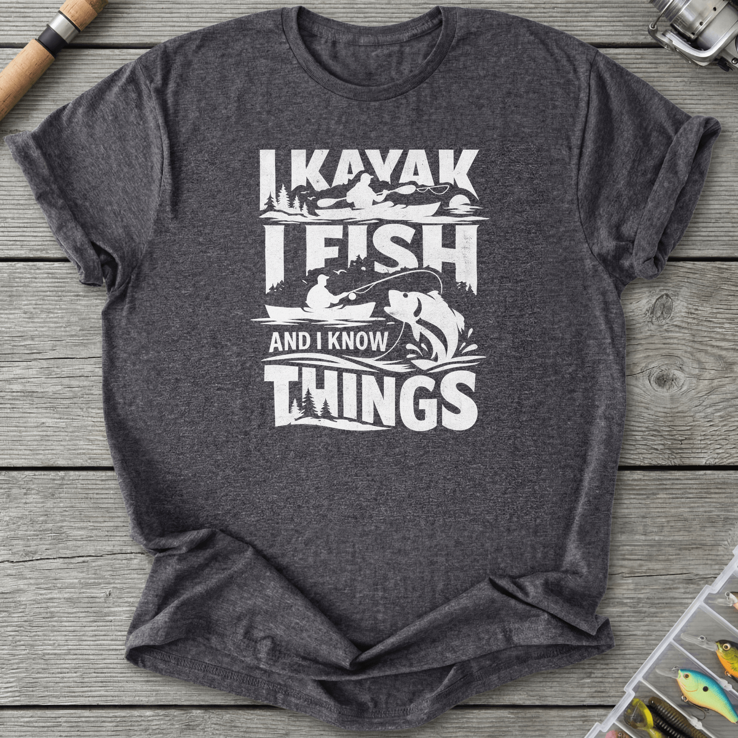 I Kayak I Fish And I Know Things T-Shirt in Dark Heather Grey | River Giants Club