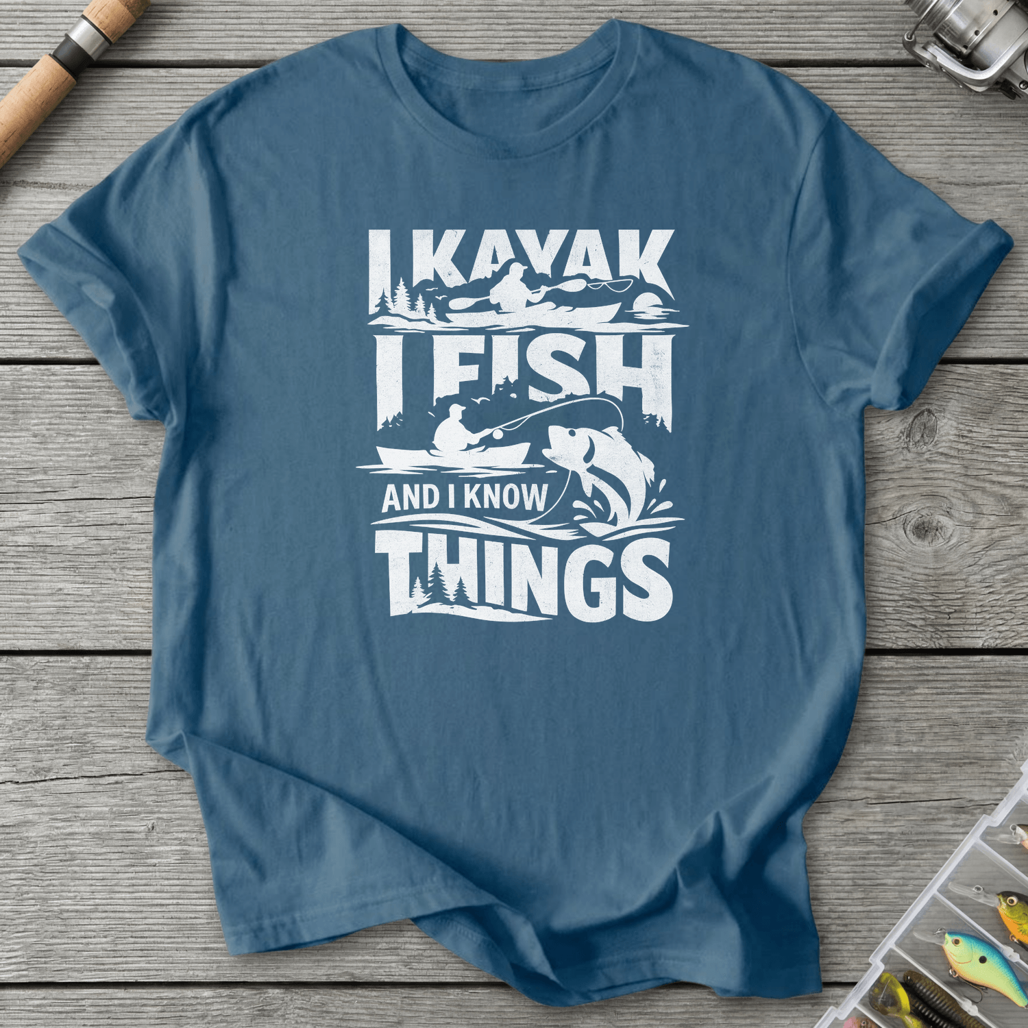 I Kayak I Fish And I Know Things T-Shirt in Indigo Blue | River Giants Club