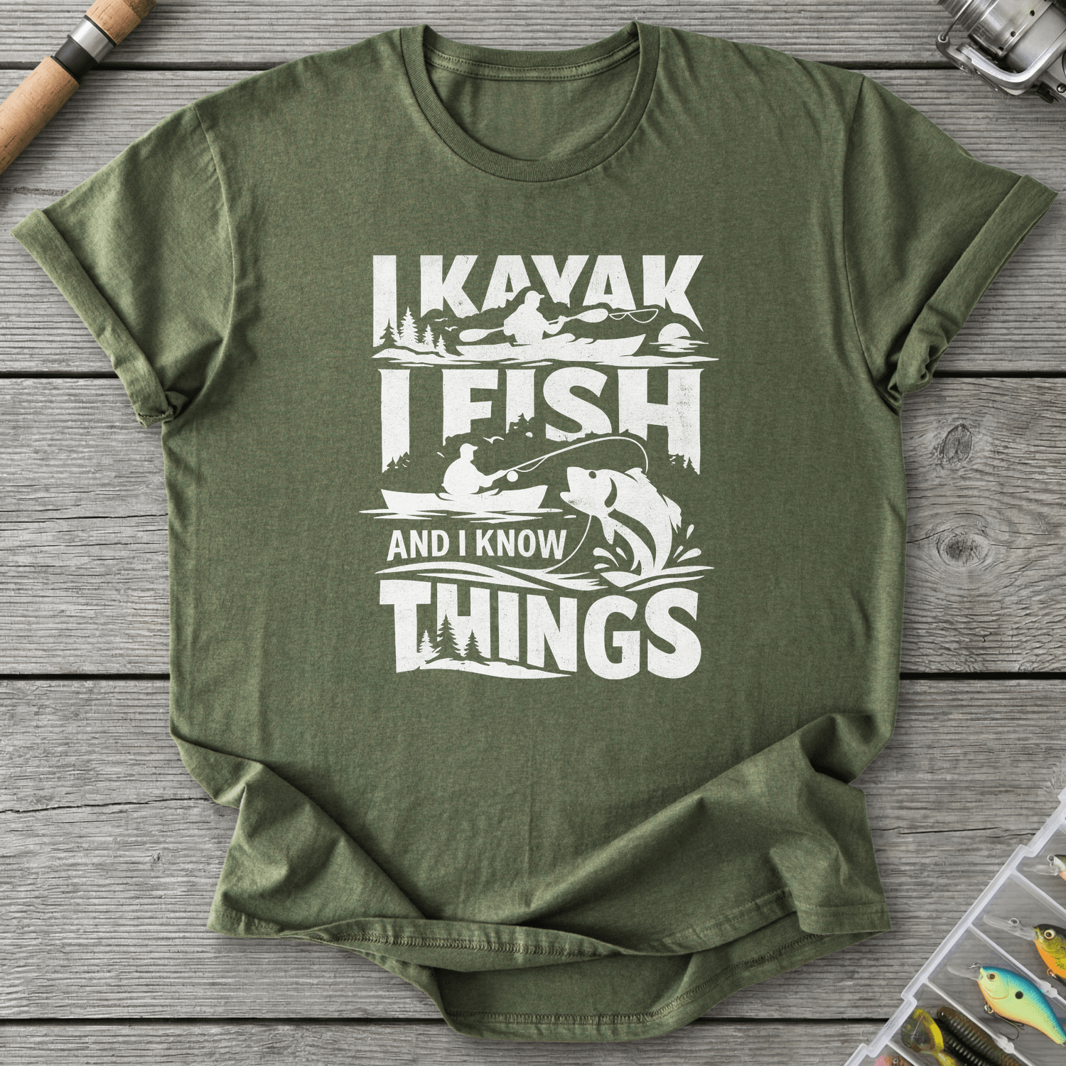 I Kayak I Fish And I Know Things T-Shirt in Military Green | River Giants Club