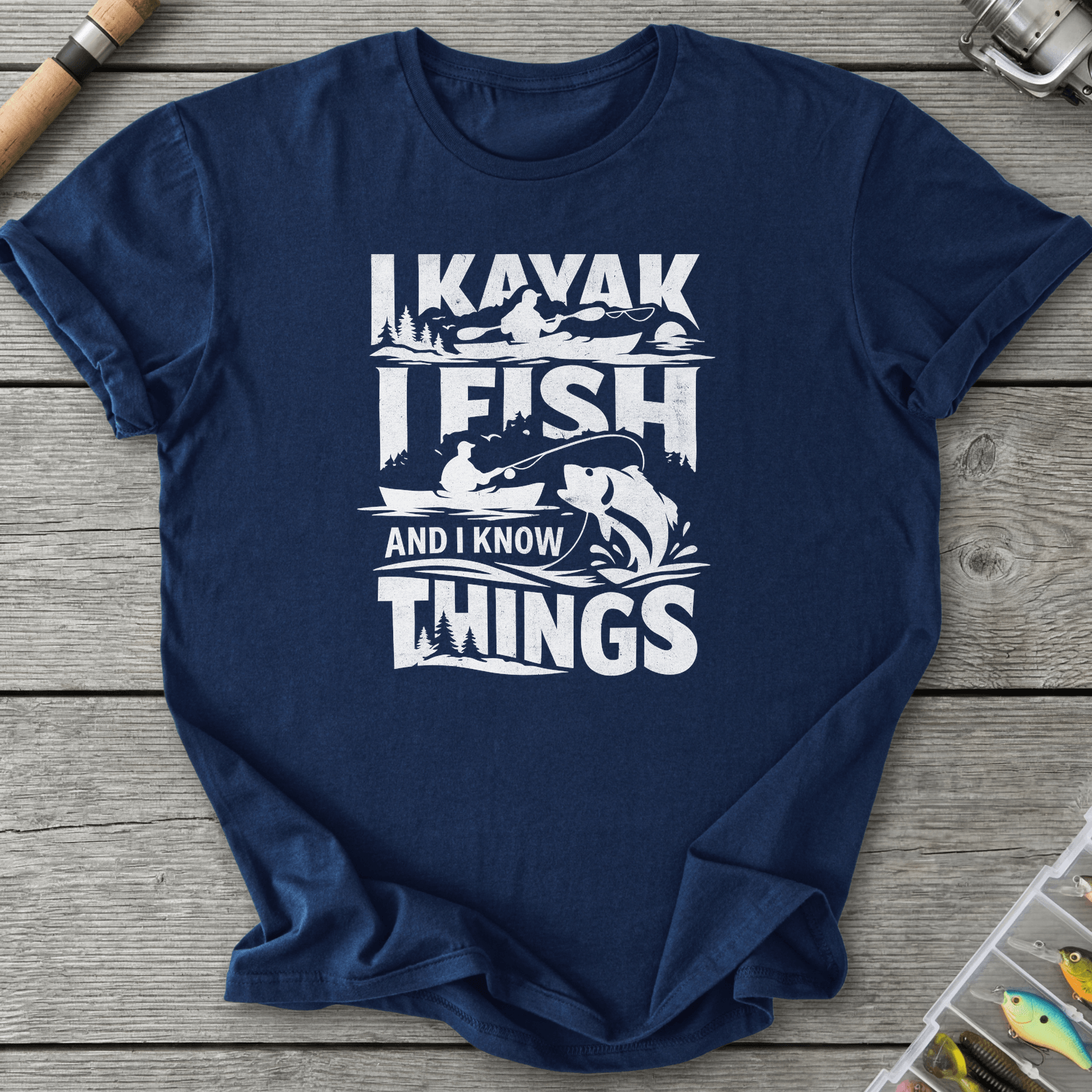 I Kayak I Fish And I Know Things T-Shirt in Navy | River Giants Club