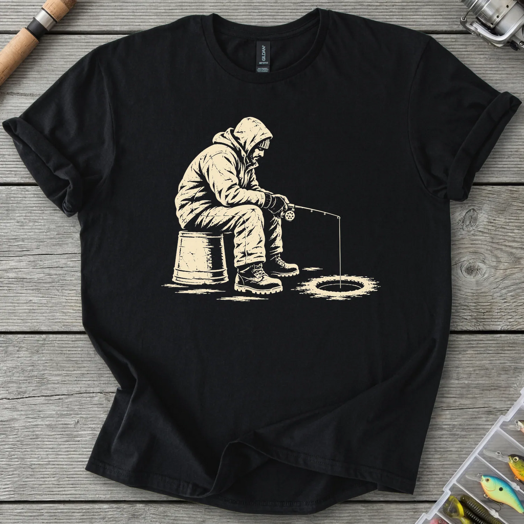Ice Angler On Bucket T-Shirt in Black | River Giants Club