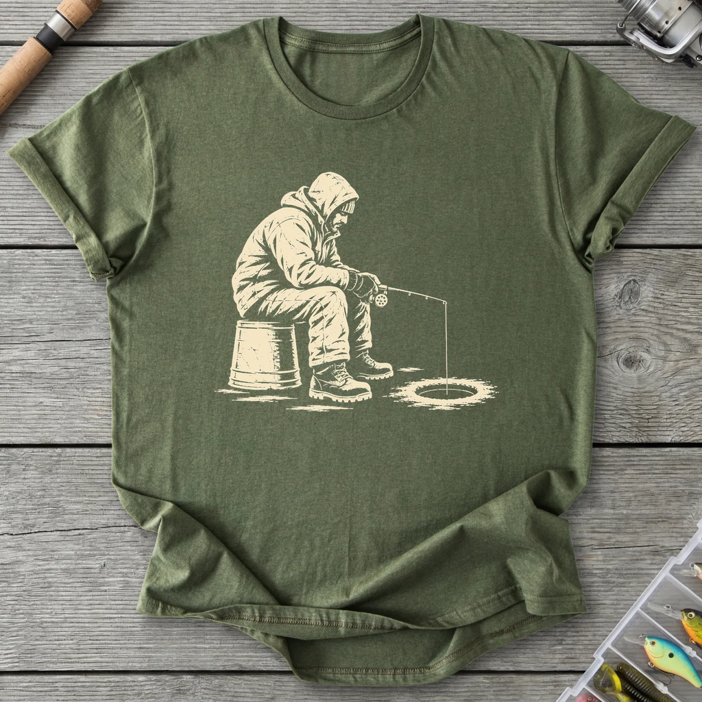Ice Angler On Bucket T-Shirt in Military Green | River Giants Club
