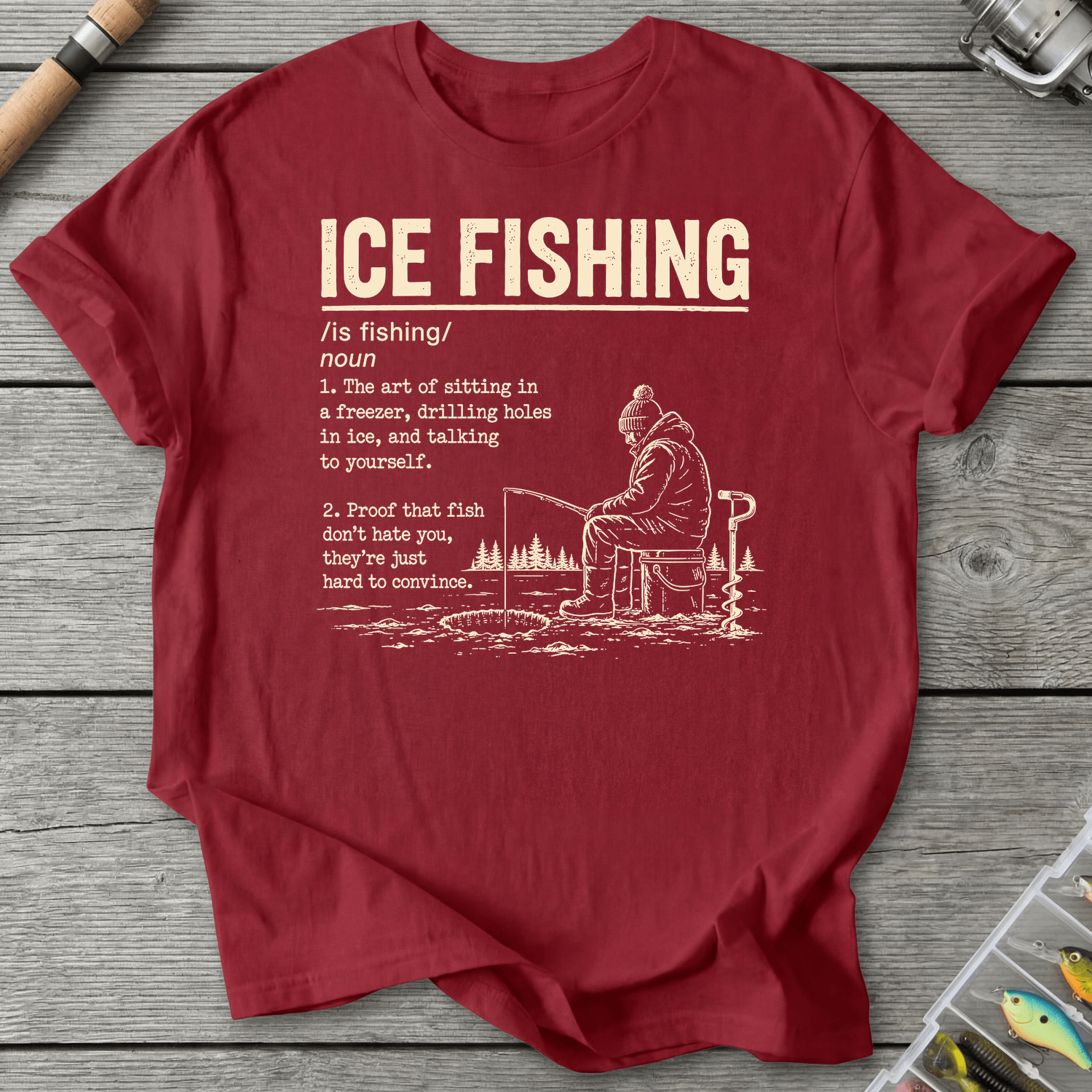 Ice Fishing Dictionary Definition T-Shirt in Antique Cherry Red | River Giants Club