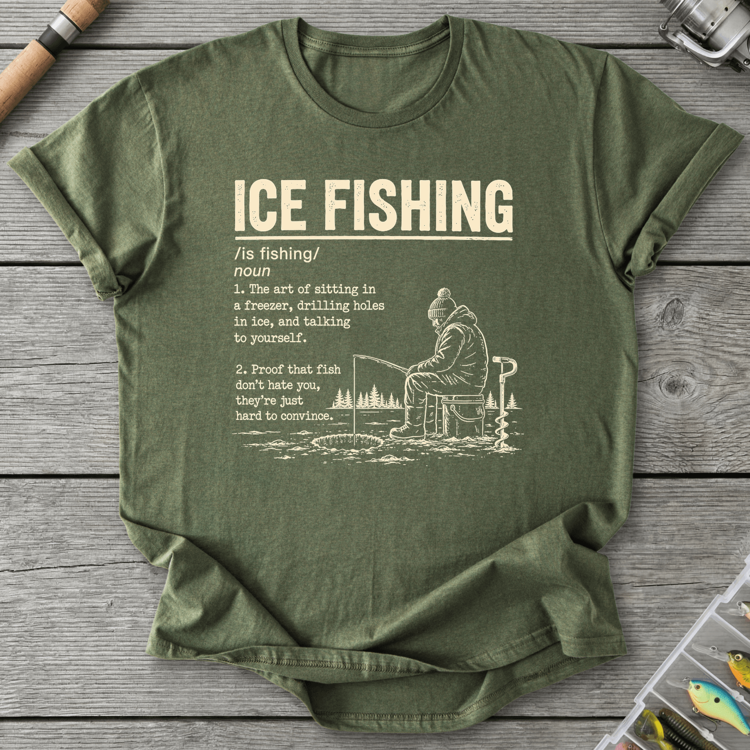 Ice Fishing Dictionary Definition T-Shirt in Military Green | River Giants Club
