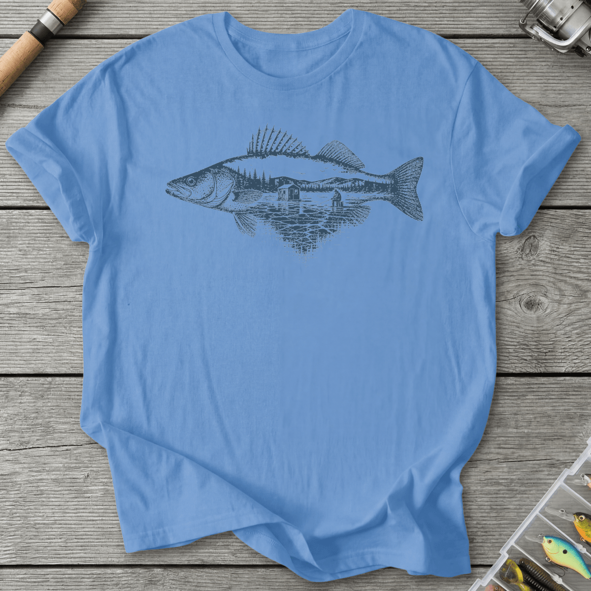 Ice Fishing Walleye T-Shirt in Carolina Blue | River Giants Club