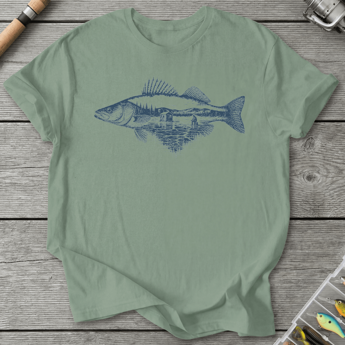 Ice Fishing Walleye T-Shirt in Sage | River Giants Club