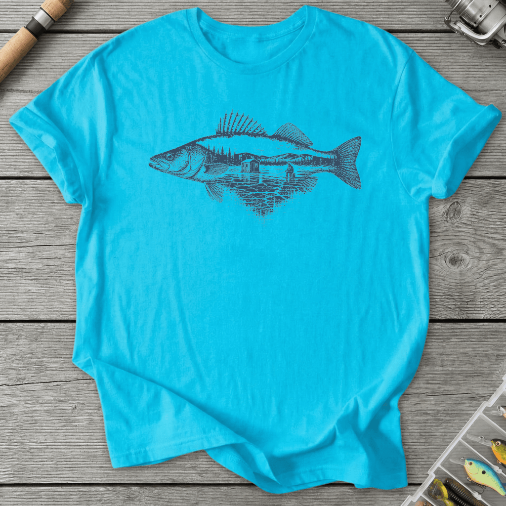 Ice Fishing Walleye T-Shirt in Sky | River Giants Club