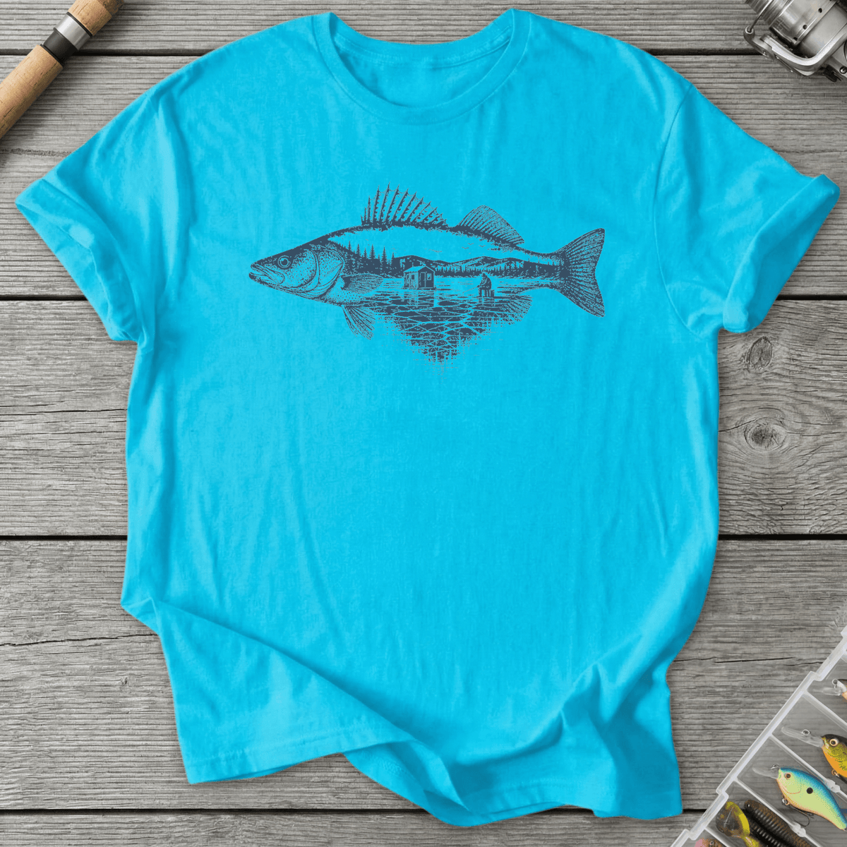 Ice Fishing Walleye T-Shirt in Sky | River Giants Club