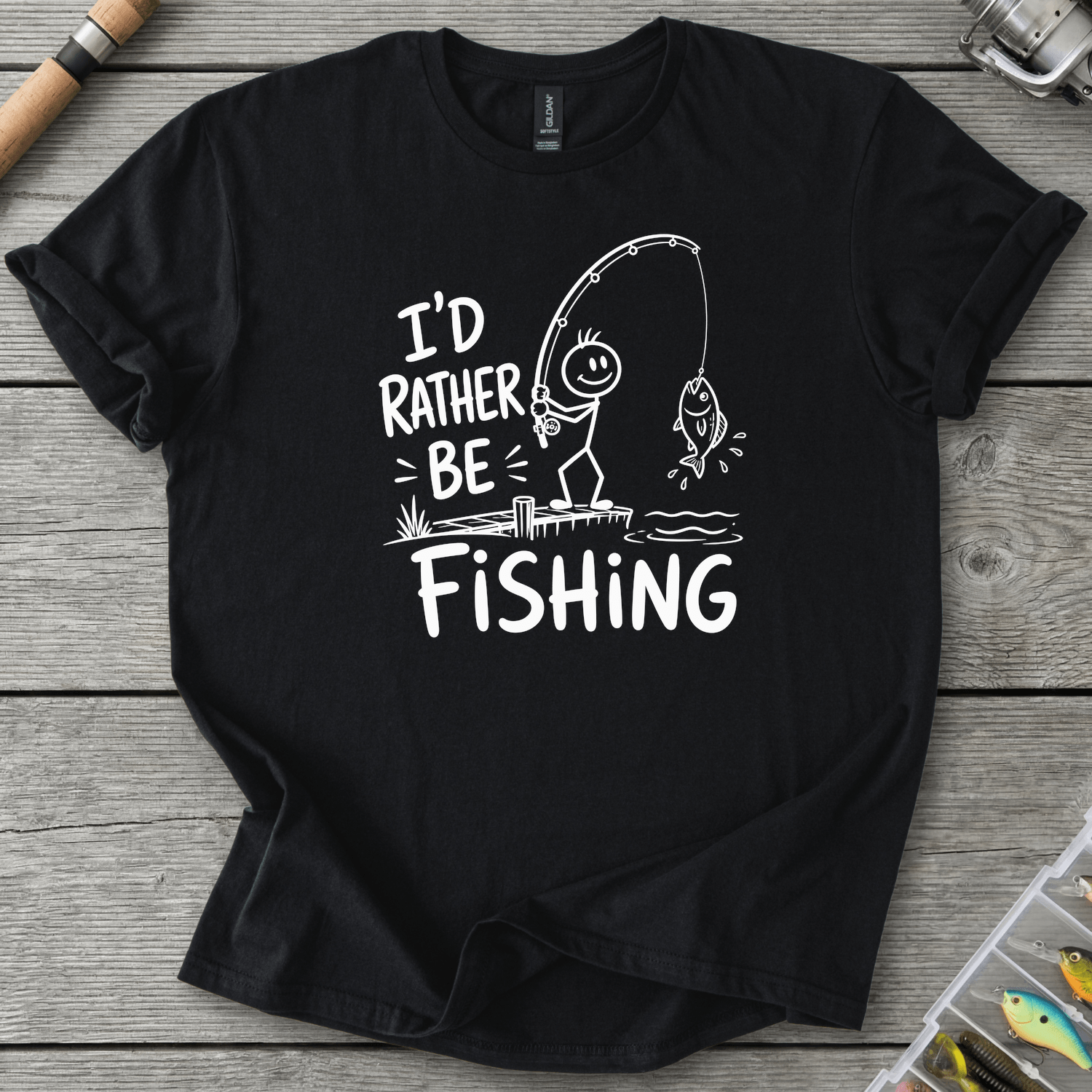I'd Rather Be Fishing Stick Figure T-Shirt in Black | River Giants Club