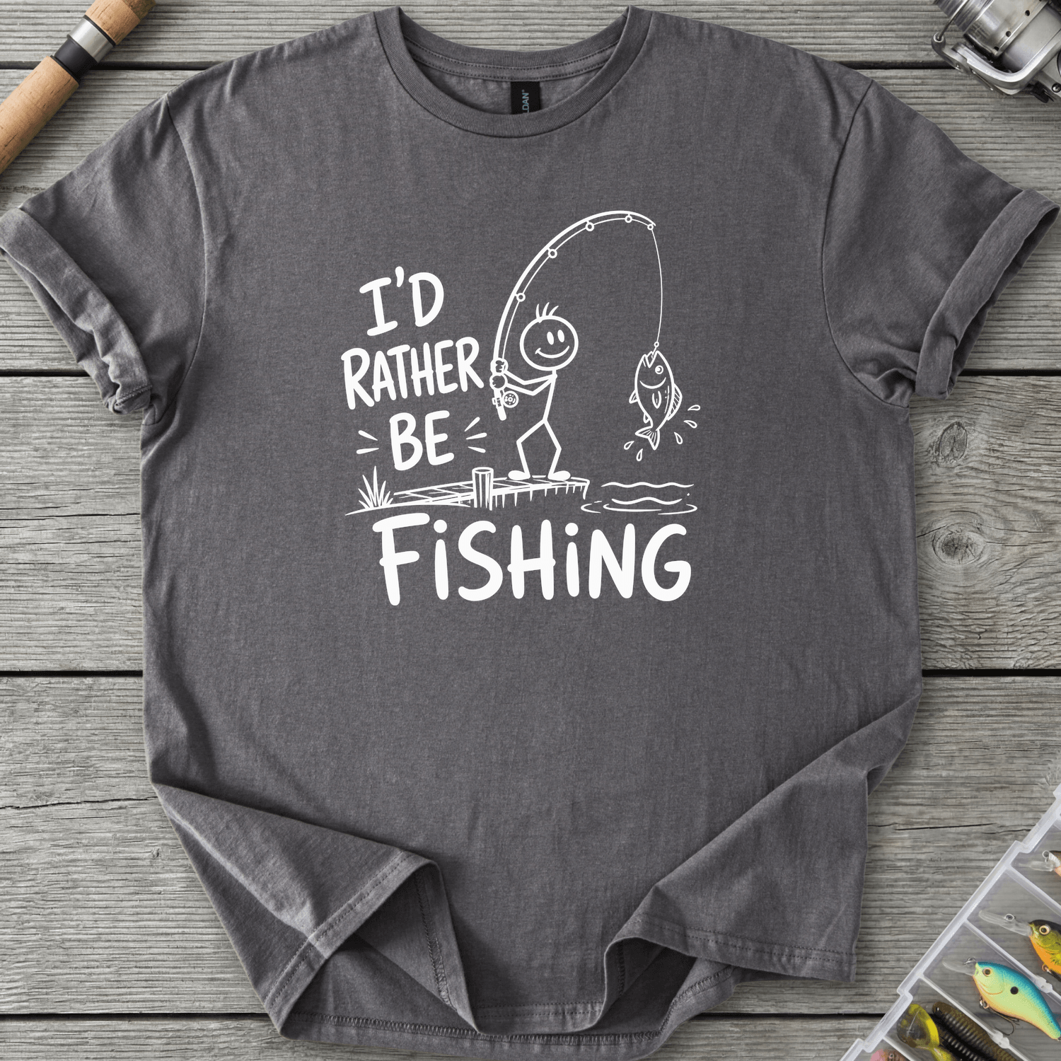I'd Rather Be Fishing Stick Figure T-Shirt in Charcoal | River Giants Club