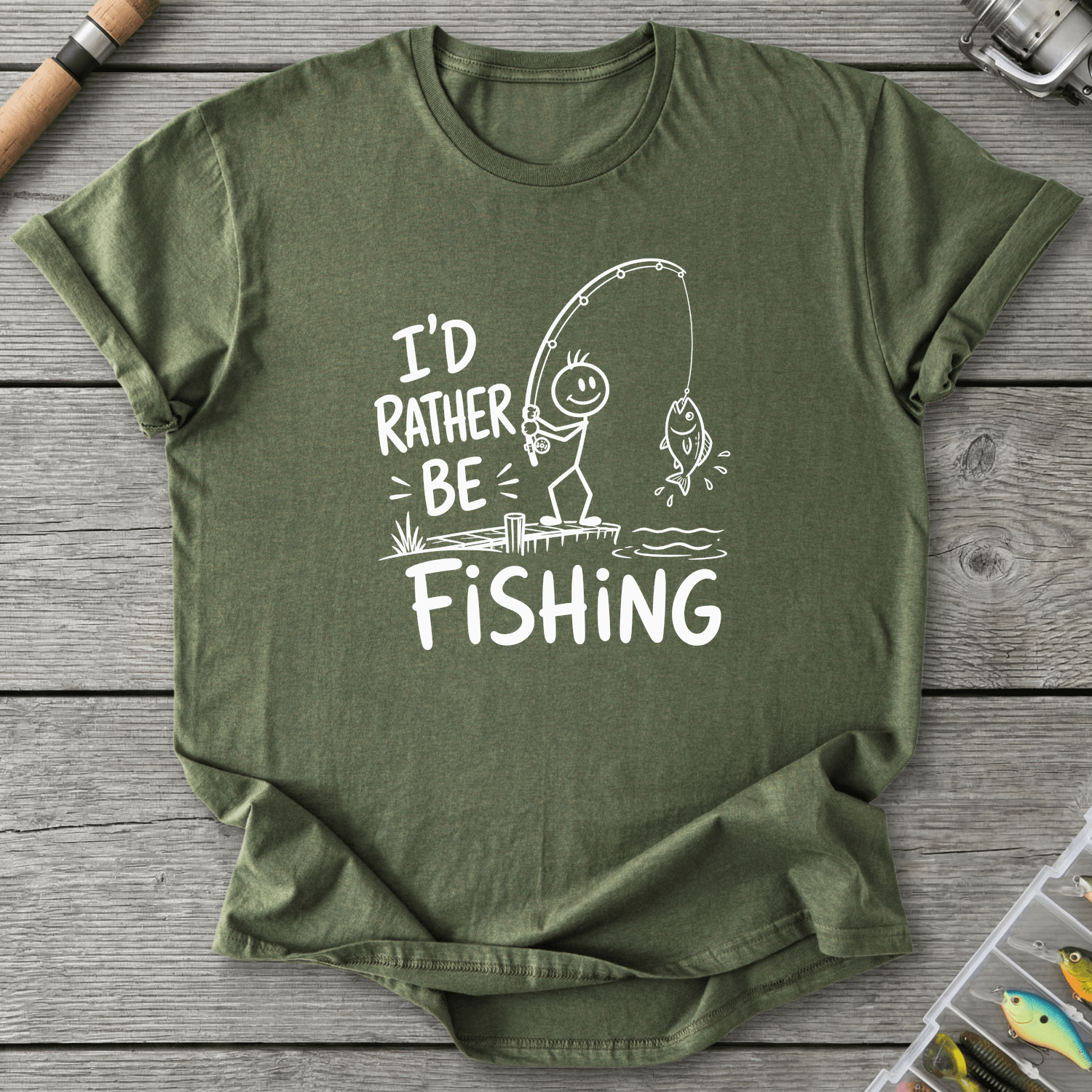 I'd Rather Be Fishing Stick Figure T-Shirt in Military Green | River Giants Club