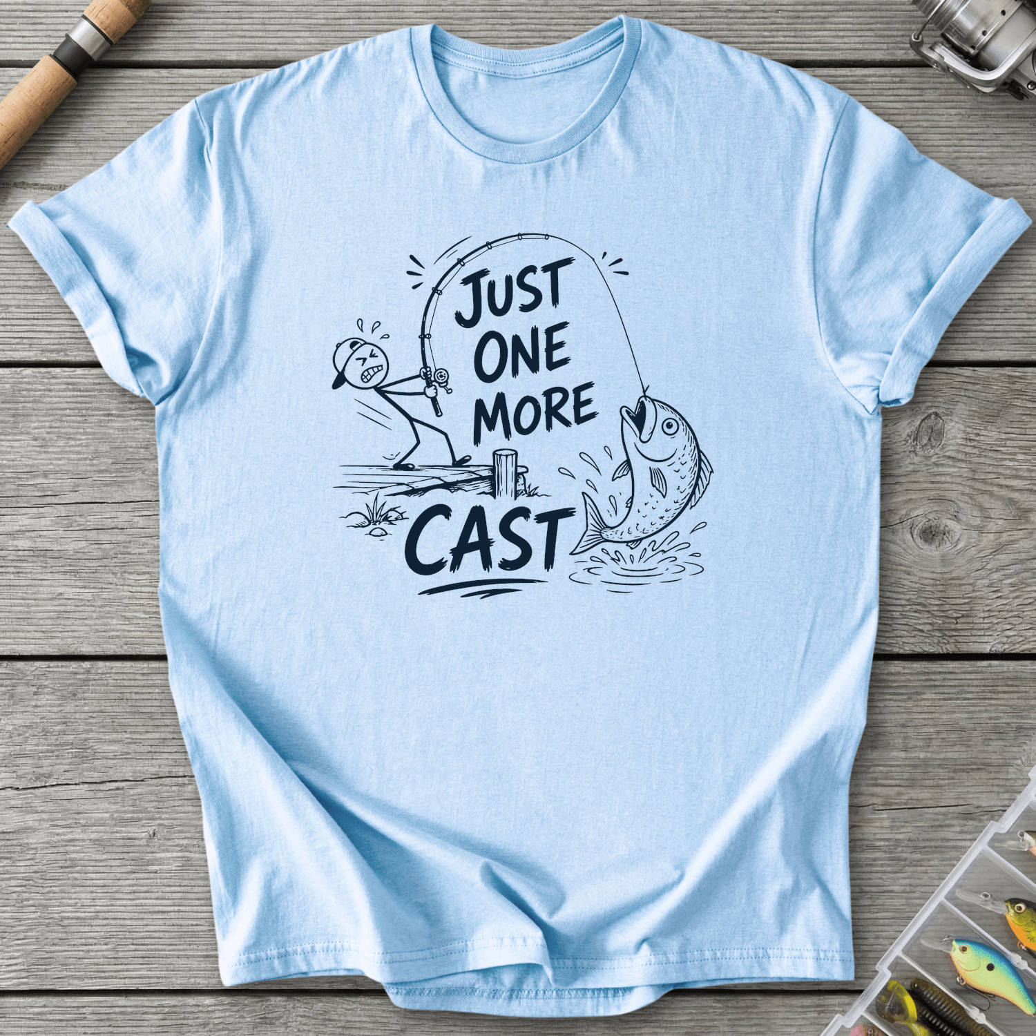 Just One More Cast Figure T-Shirt in Light Blue | River Giants Club