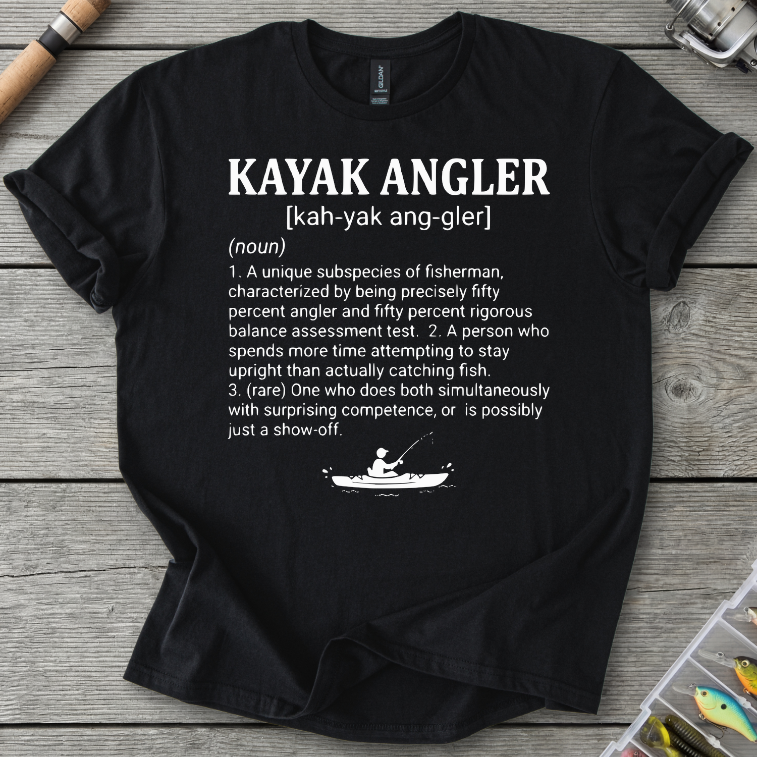 Kayak Angler Dictionary Definition T-Shirt in Black | River Giants Club