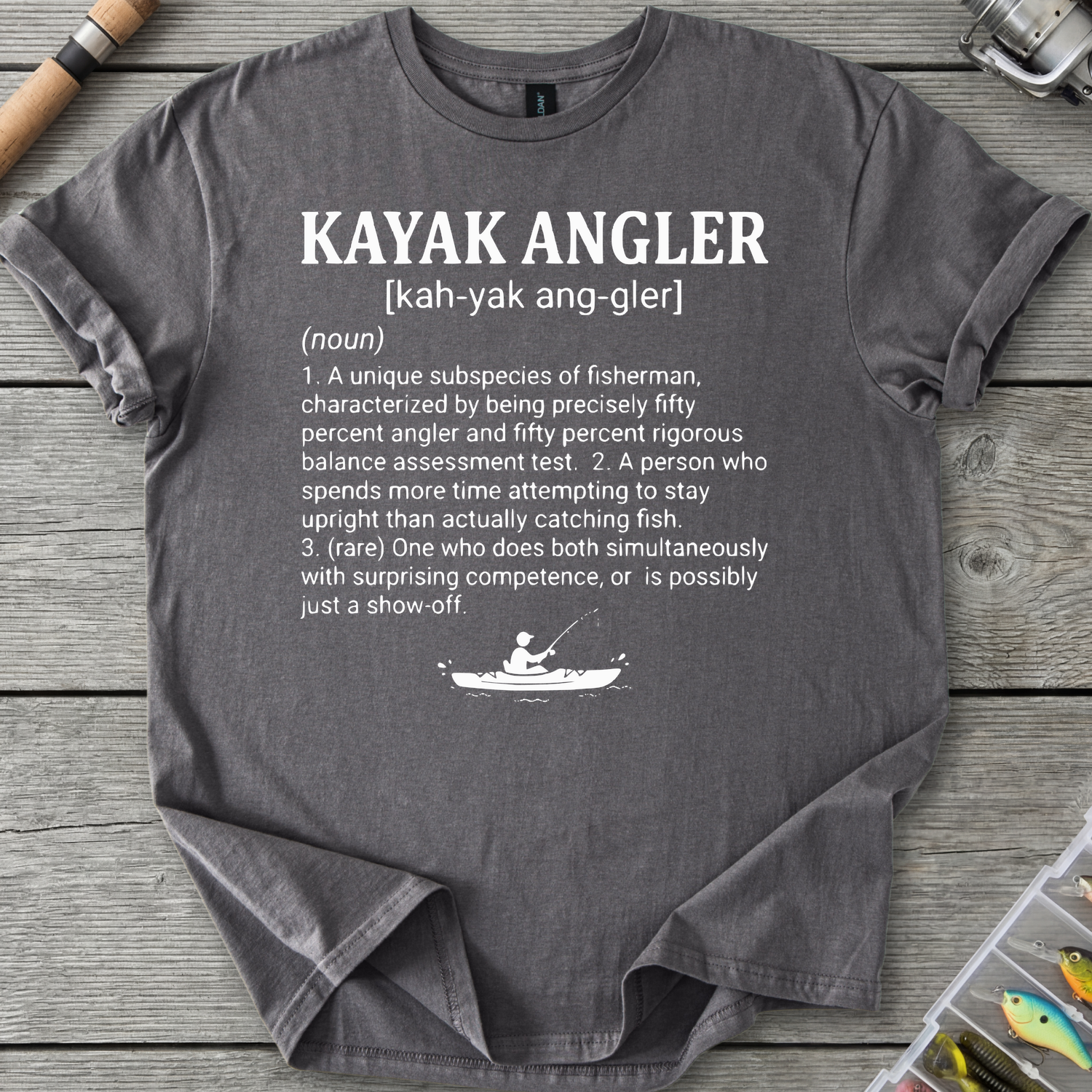 Kayak Angler Dictionary Definition T-Shirt in Charcoal | River Giants Club