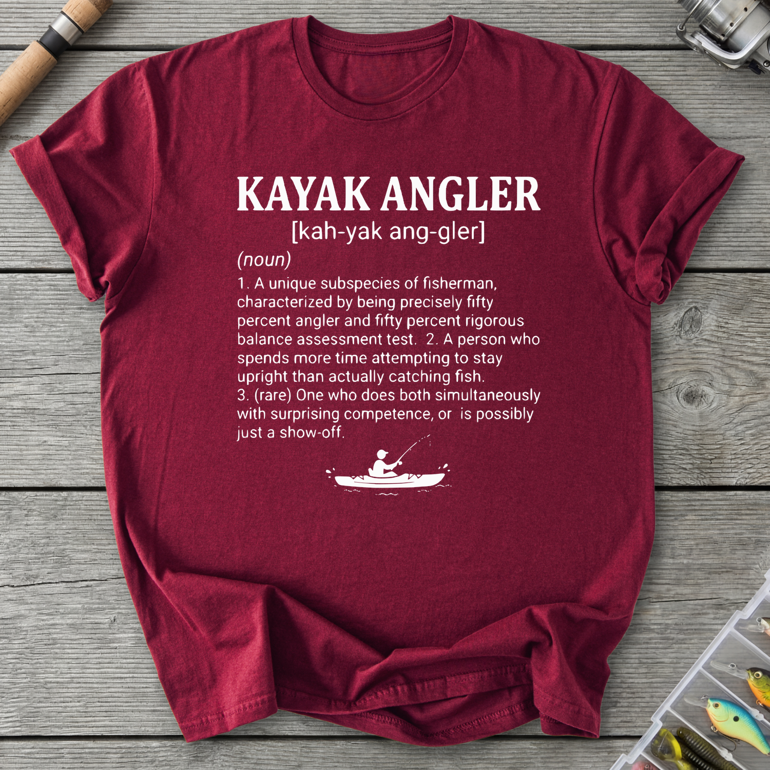 Kayak Angler Dictionary Definition T-Shirt in Maroon | River Giants Club