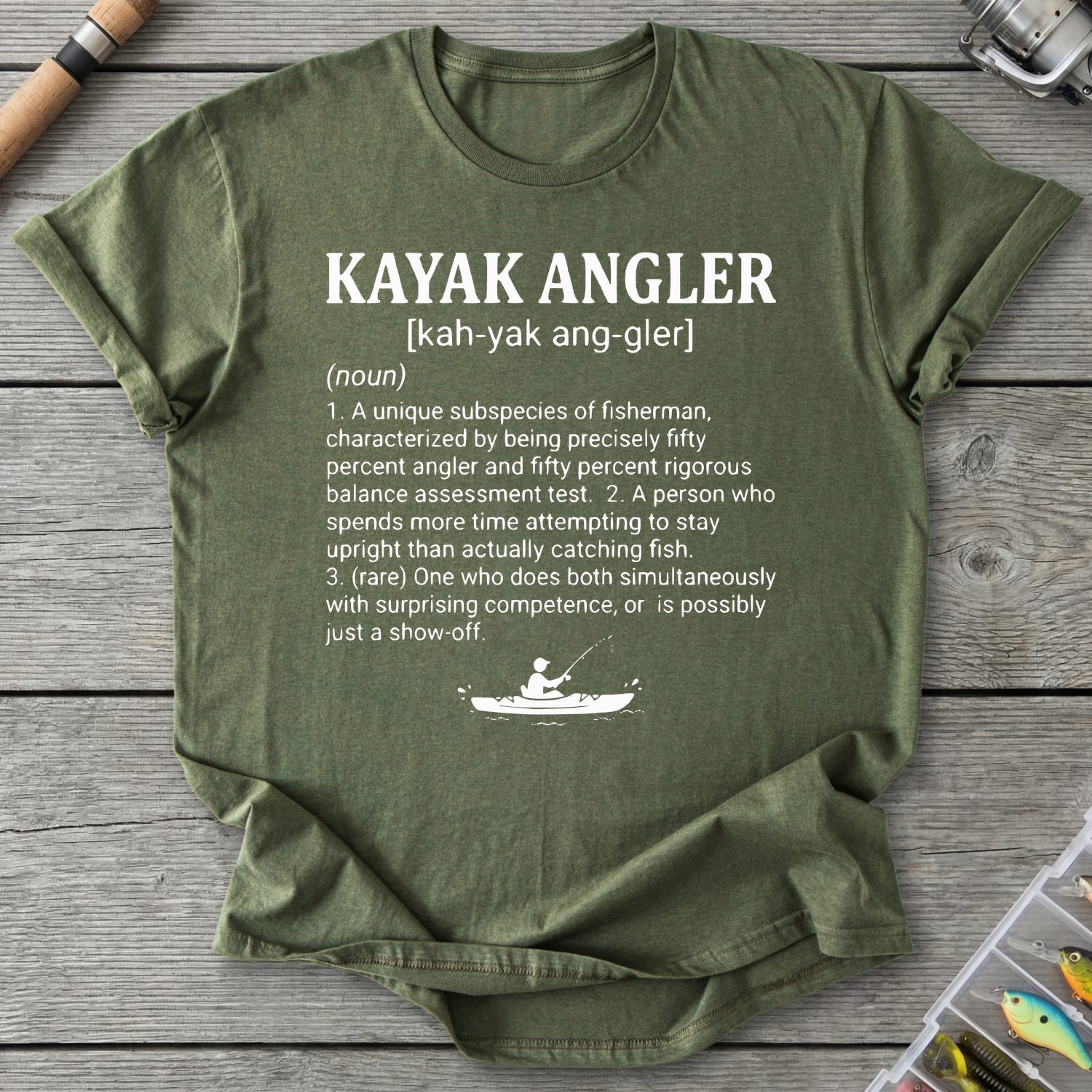 Kayak Angler Dictionary Definition T-Shirt in Military Green | River Giants Club
