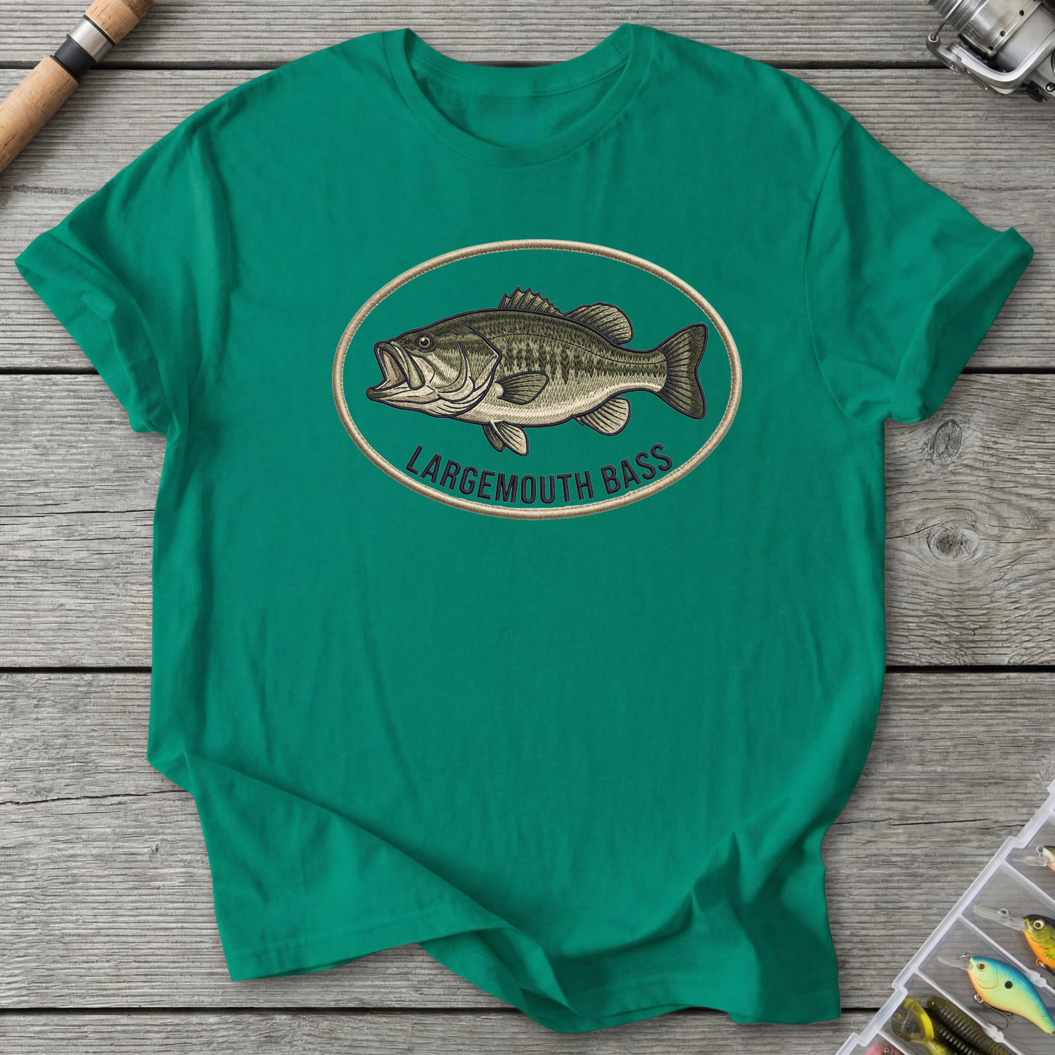 Largemouth Bass Embroidery Style T-Shirt in Kelly Green | River Giants Club