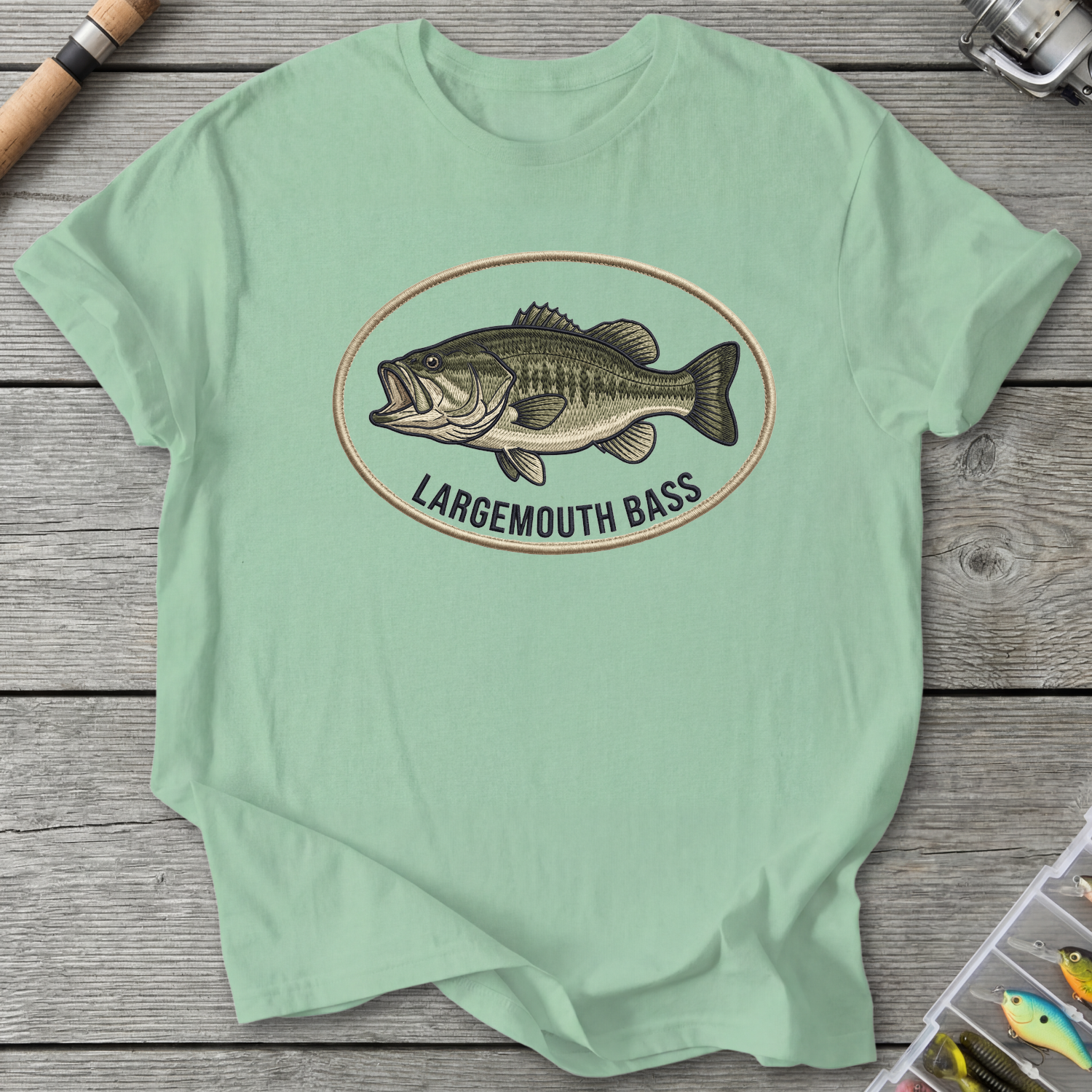 Largemouth Bass Embroidery Style T-Shirt in Mint Green | River Giants Club