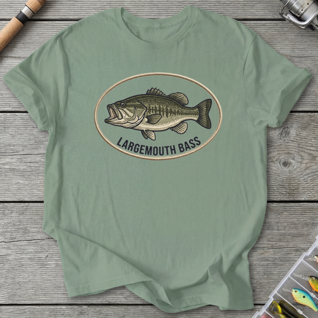 Largemouth Bass Embroidery Style T-Shirt in Sage | River Giants Club