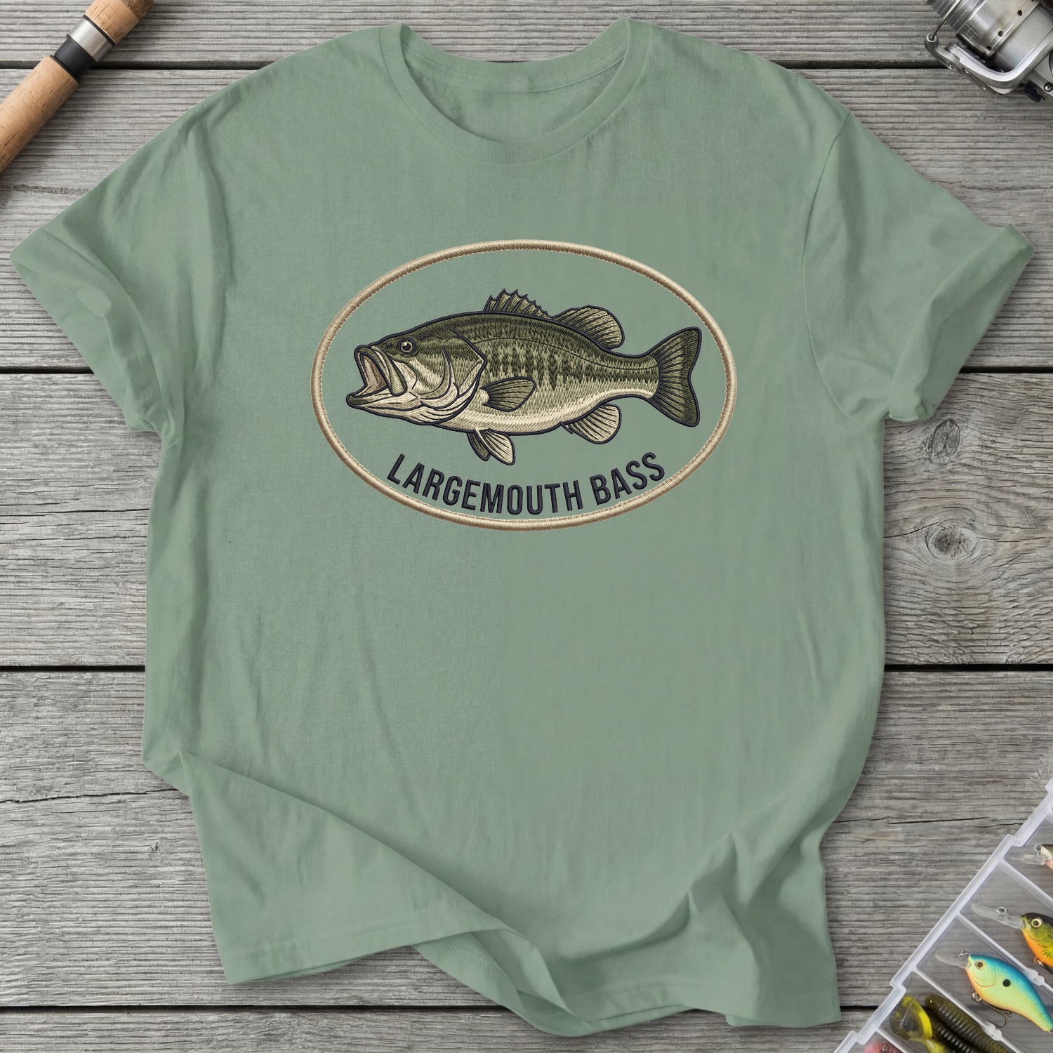 Largemouth Bass Embroidery Style T-Shirt in Sage | River Giants Club