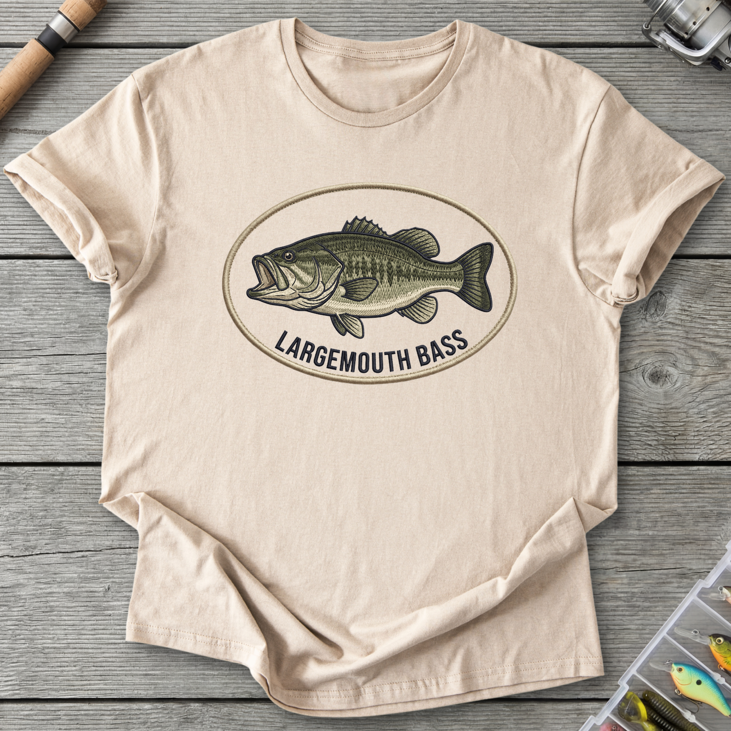 Largemouth Bass Embroidery Style T-Shirt in Sand | River Giants Club
