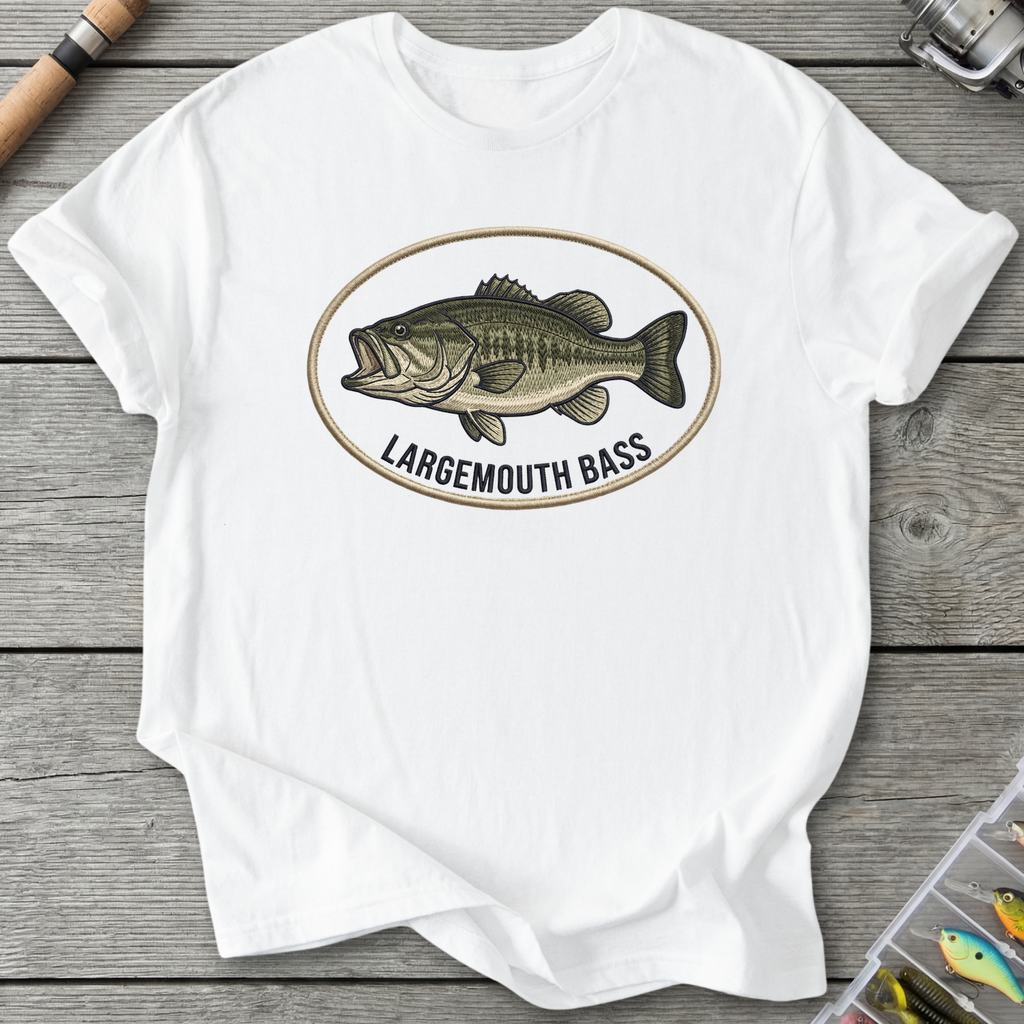 Largemouth Bass Embroidery Style T-Shirt in White | River Giants Club