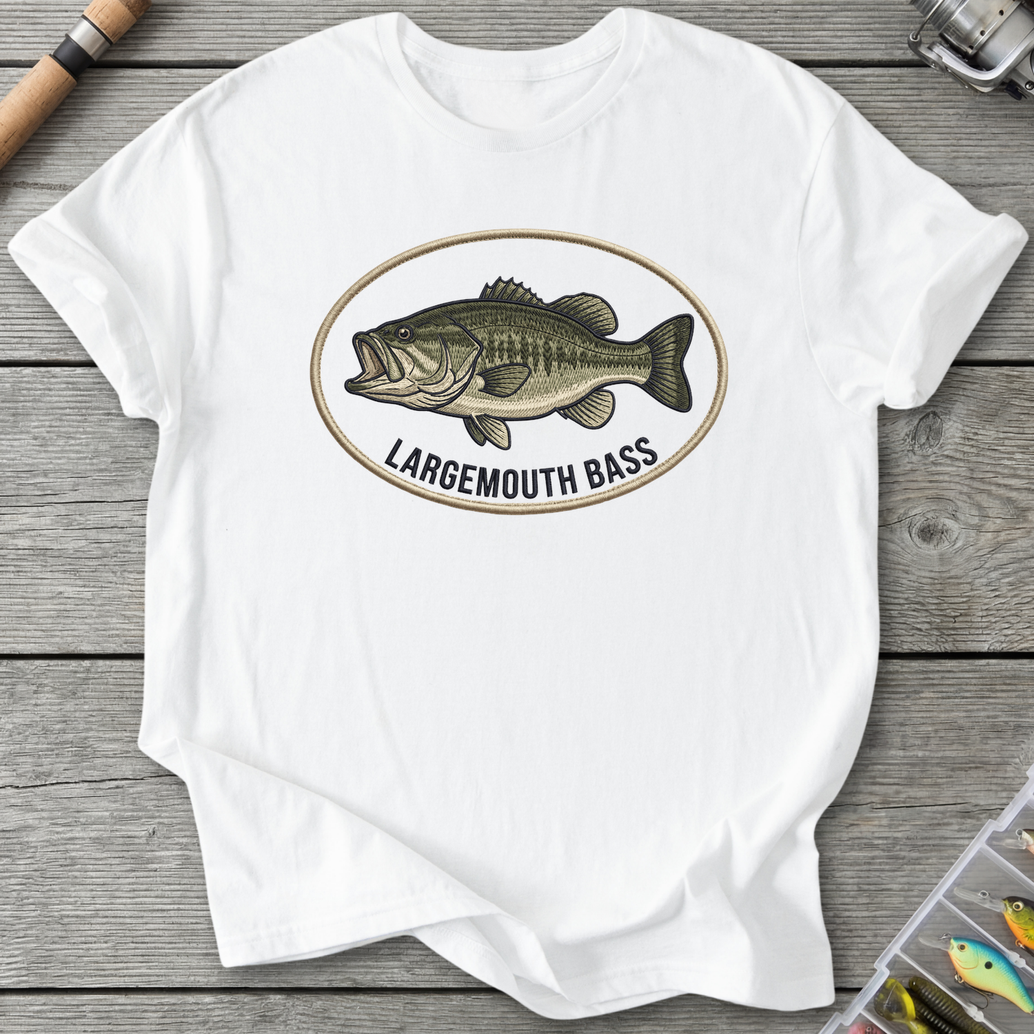 Largemouth Bass Embroidery Style T-Shirt in White | River Giants Club