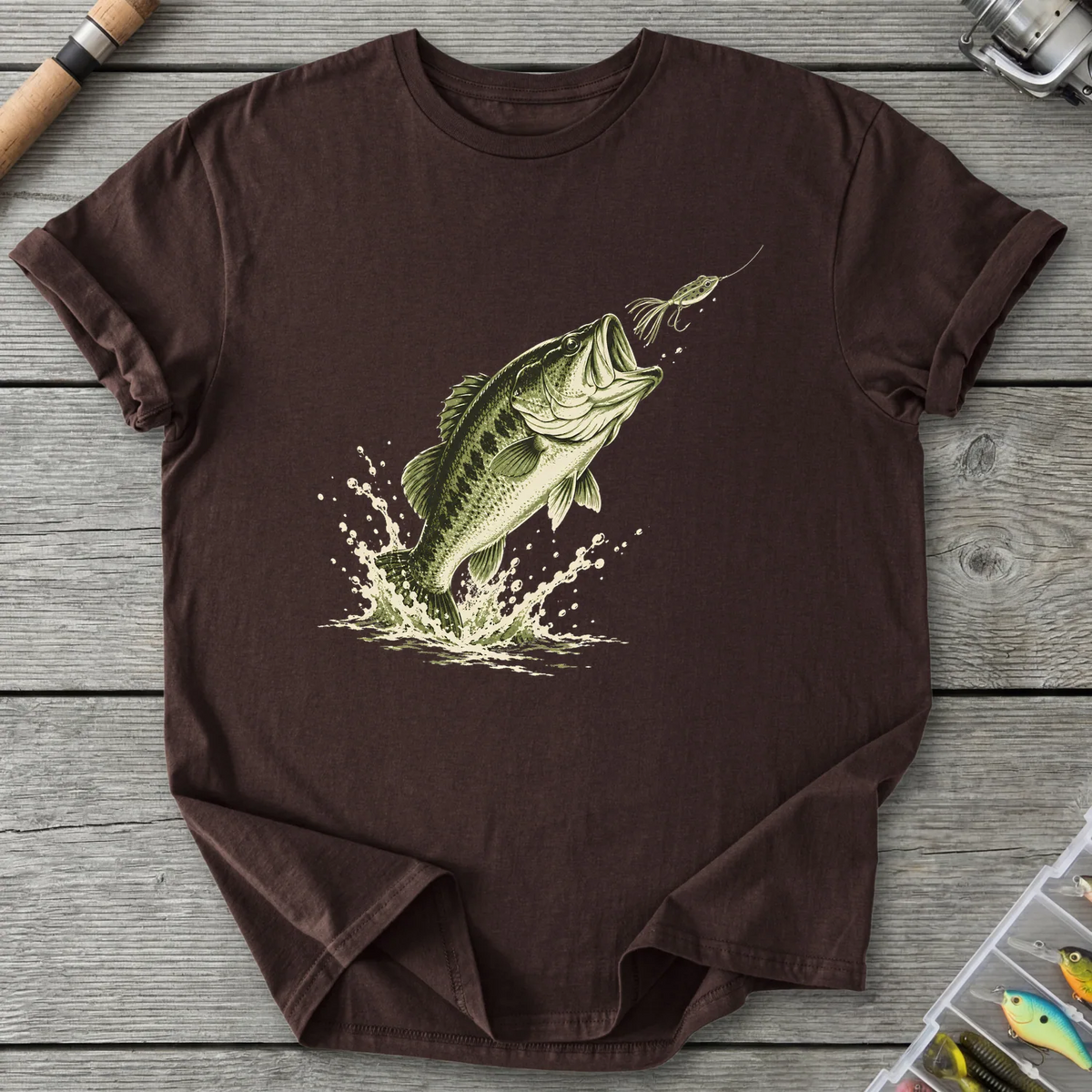 Largemouth Bass Strike T-Shirt in Dark Chocolate | River Giants Club