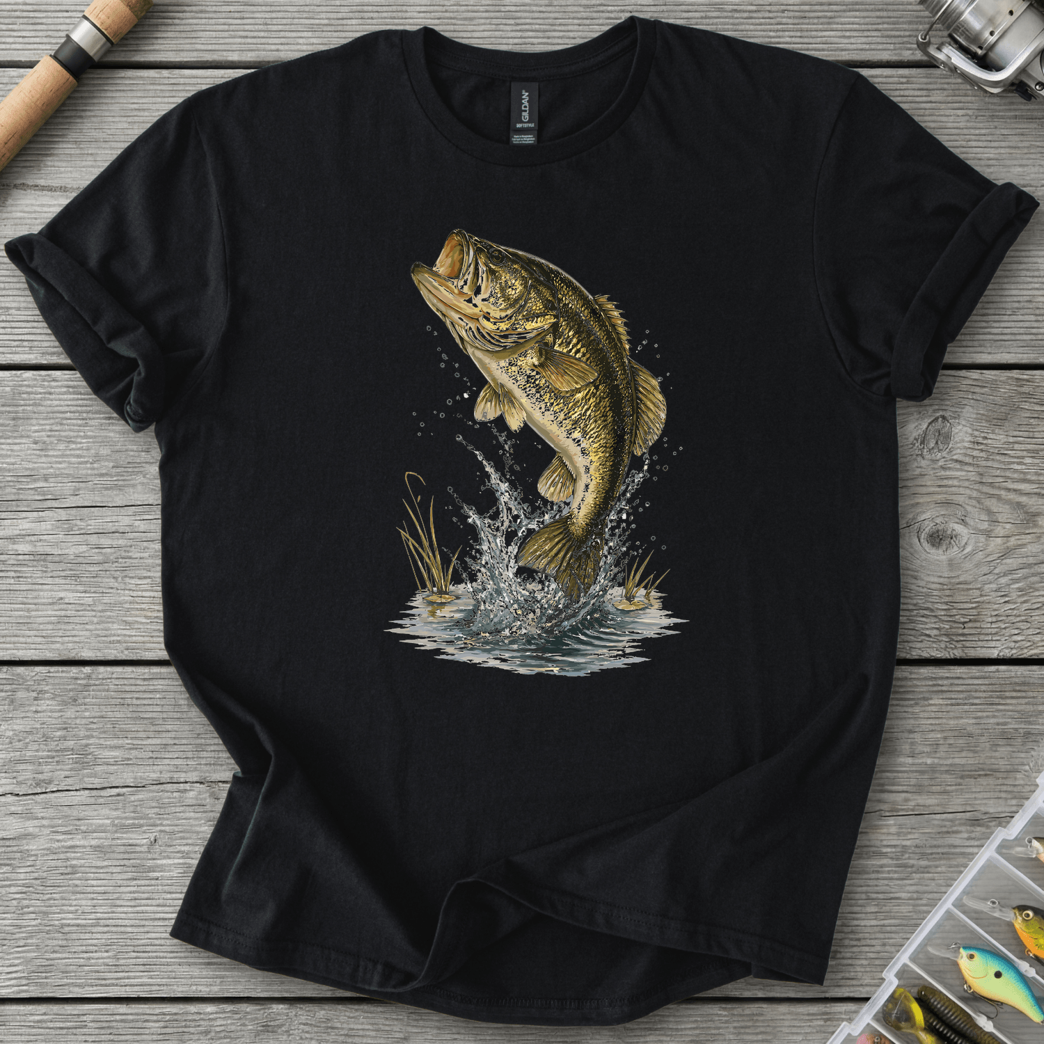 Largemouth Rising Bass T-Shirt in Black | River Giants Club