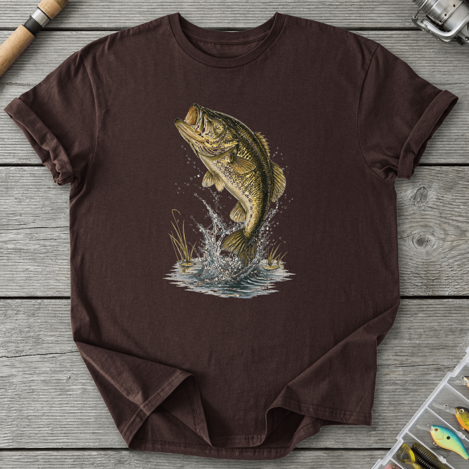 Largemouth Rising Bass T-Shirt in Dark Chocolate | River Giants Club