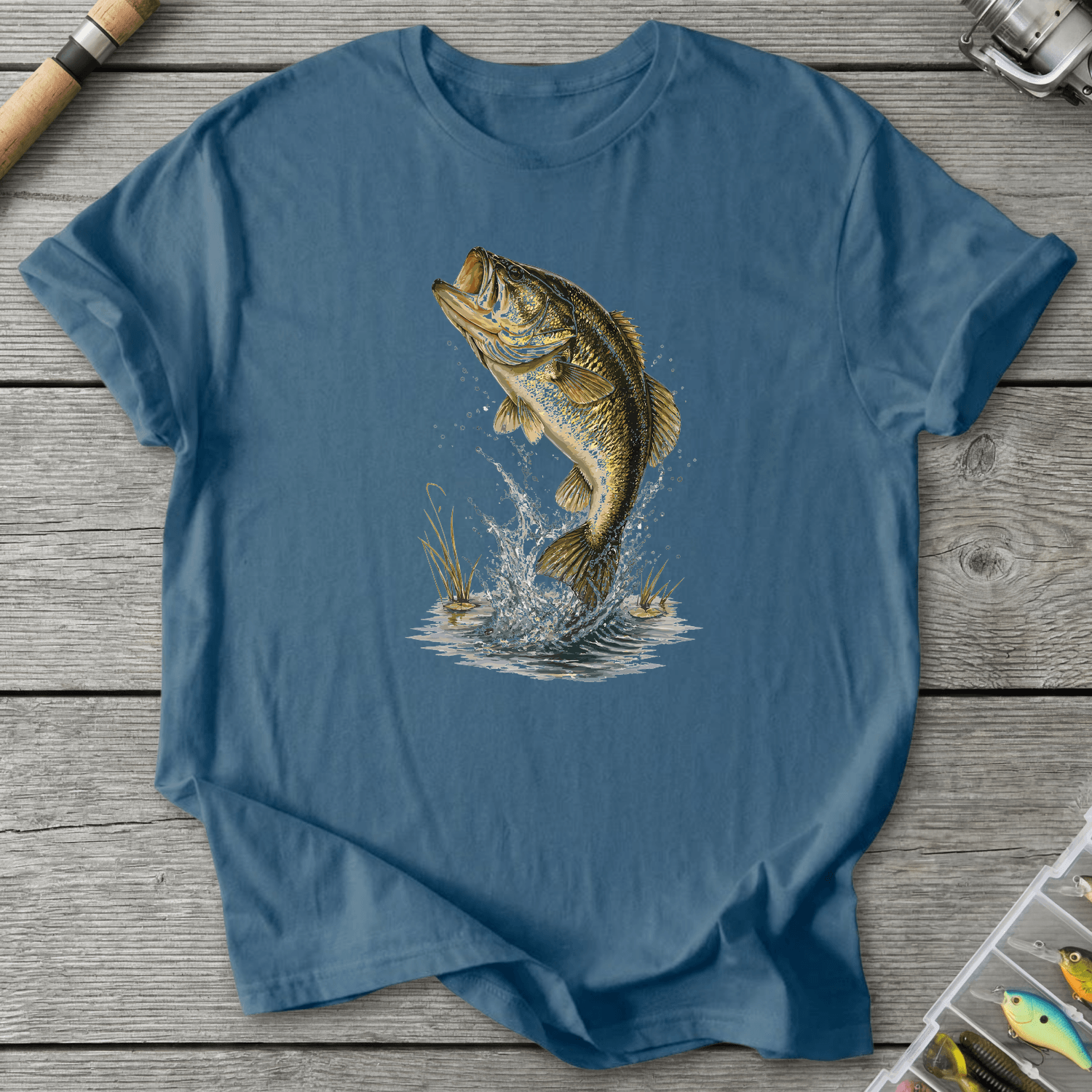 Largemouth Rising Bass T-Shirt in Indigo Blue | River Giants Club